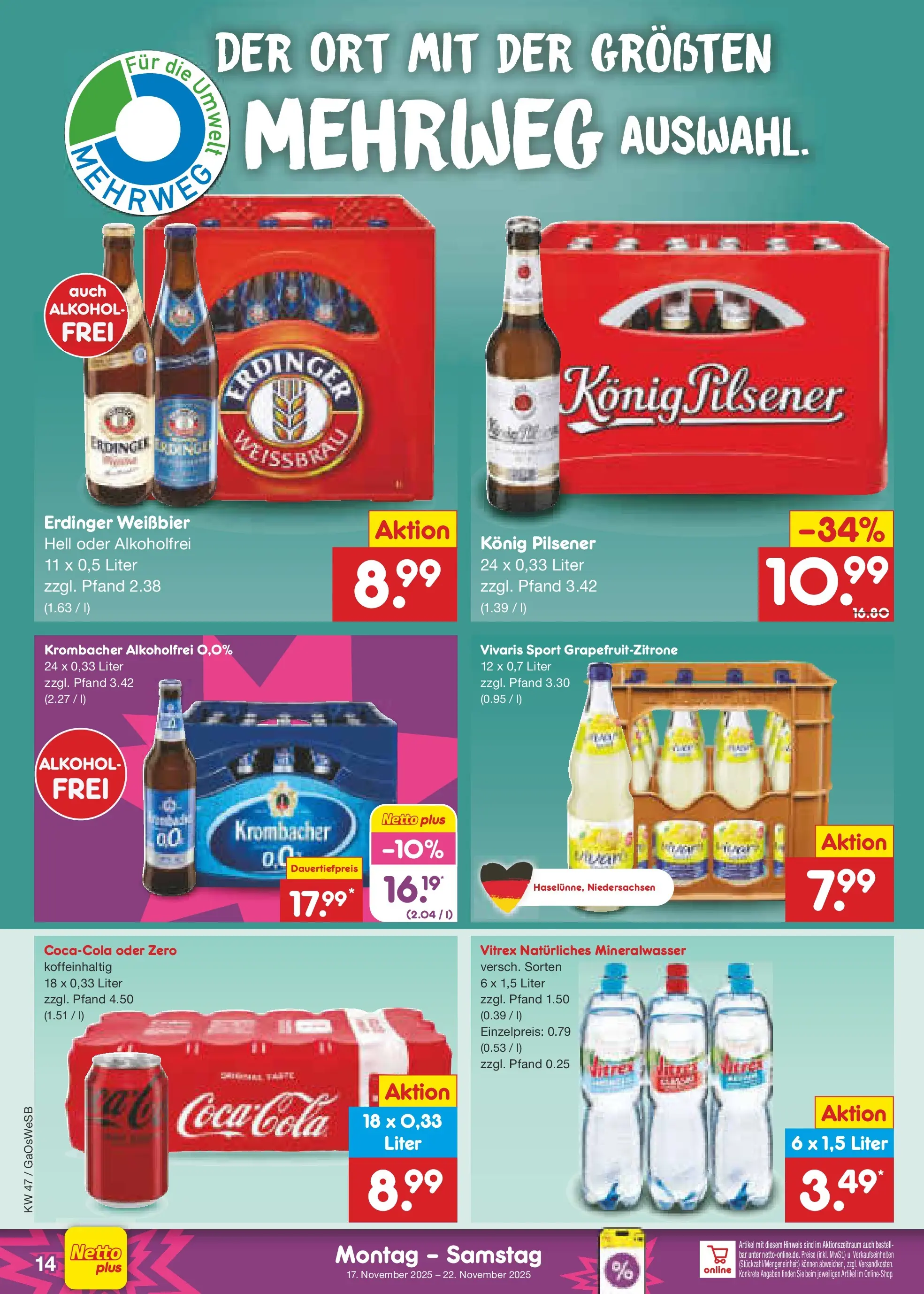 Netto Marken-Discount prospekt Moormerland	 (ab 17.11.2025) » Angebote | Seite: 14 | Produkte: Konig pilsener, Erdinger, Weißbier, Mineralwasser