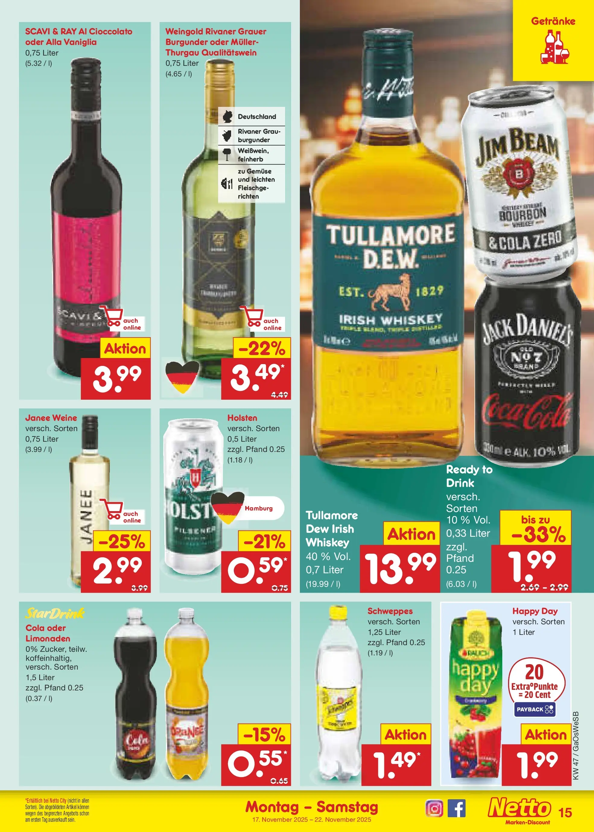 Netto Marken-Discount prospekt Moormerland	 (ab 17.11.2025) » Angebote | Seite: 15 | Produkte: Jim beam, Coca cola, Holsten, Bourbon