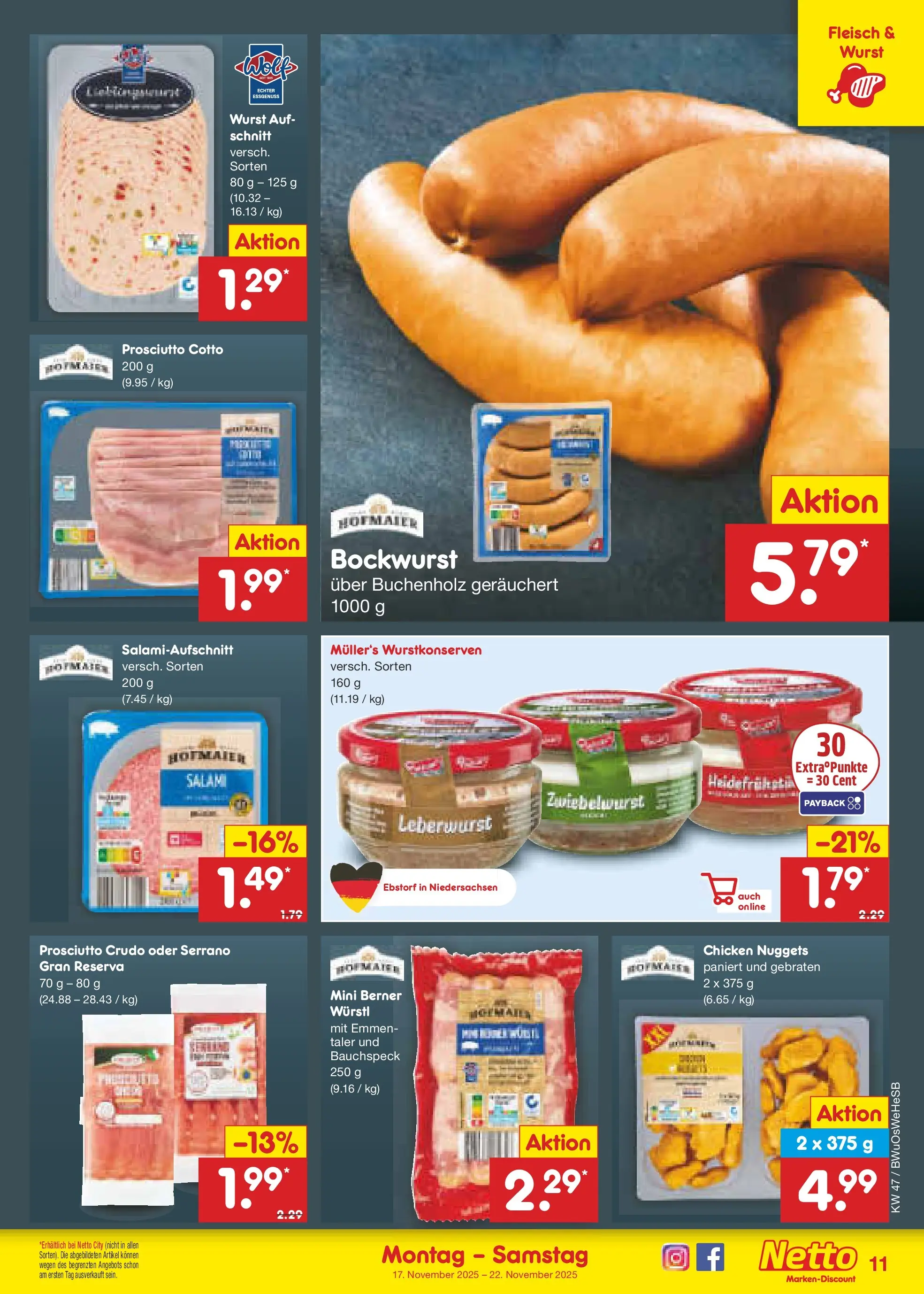 Netto Marken-Discount prospekt Osterode	 (ab 16.11.2025) » Angebote | Seite: 11 | Produkte: Bockwurst, Würstl, Wurst, Fleisch