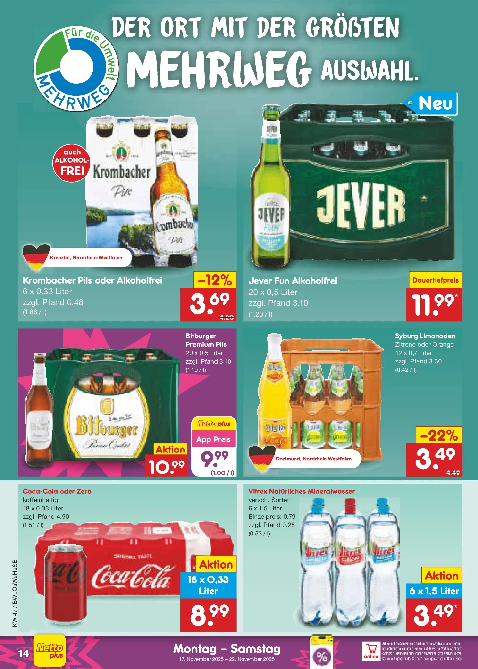 Netto Marken-Discount prospekt Osterode	 (ab 16.11.2025) » Angebote | Seite: 14 | Produkte: Coca cola, Cola, Mineralwasser, Krombacher