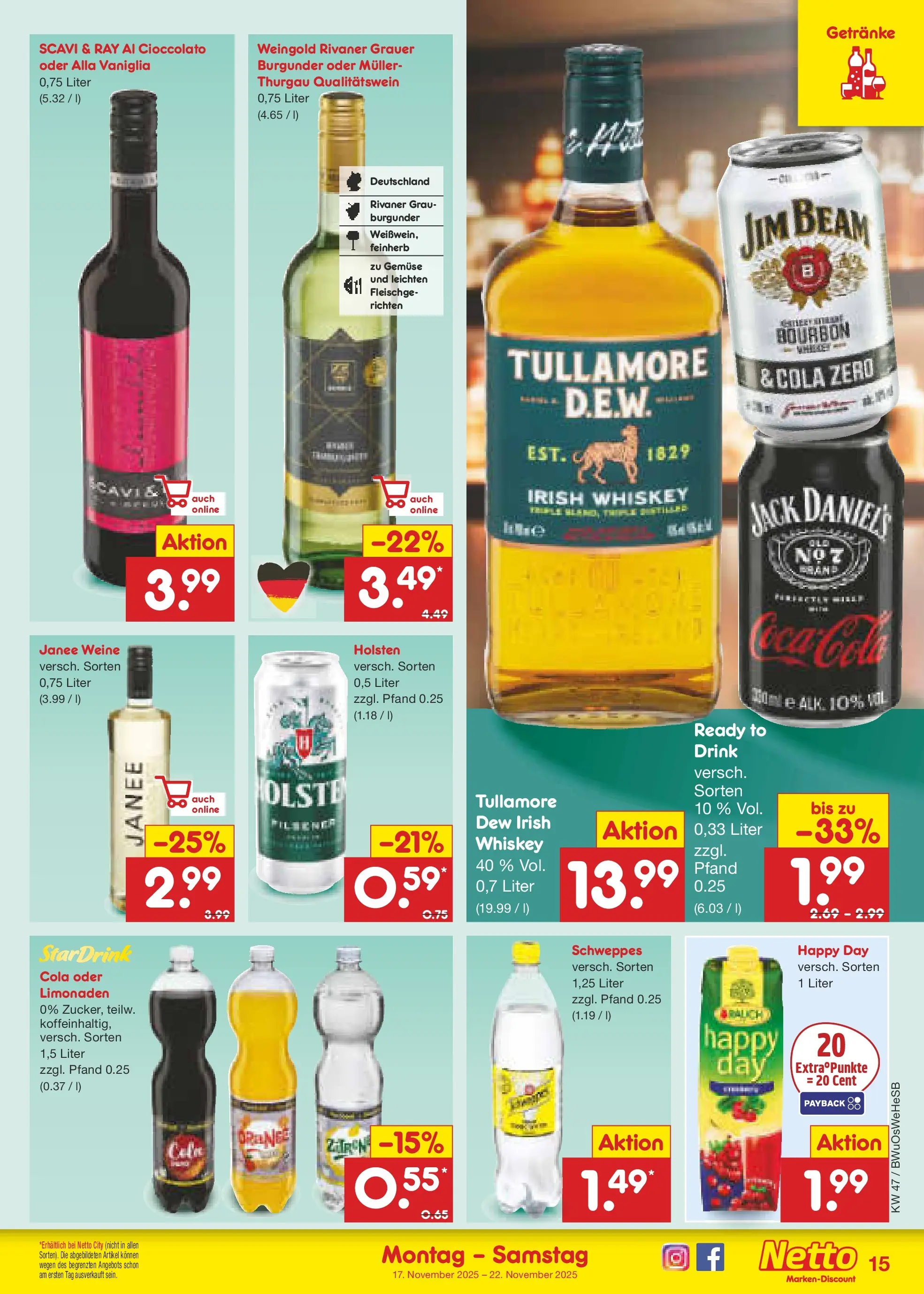 Netto Marken-Discount prospekt Osterode	 (ab 16.11.2025) » Angebote | Seite: 15 | Produkte: Jim beam, Cola, Jack Daniel's, Gemüse