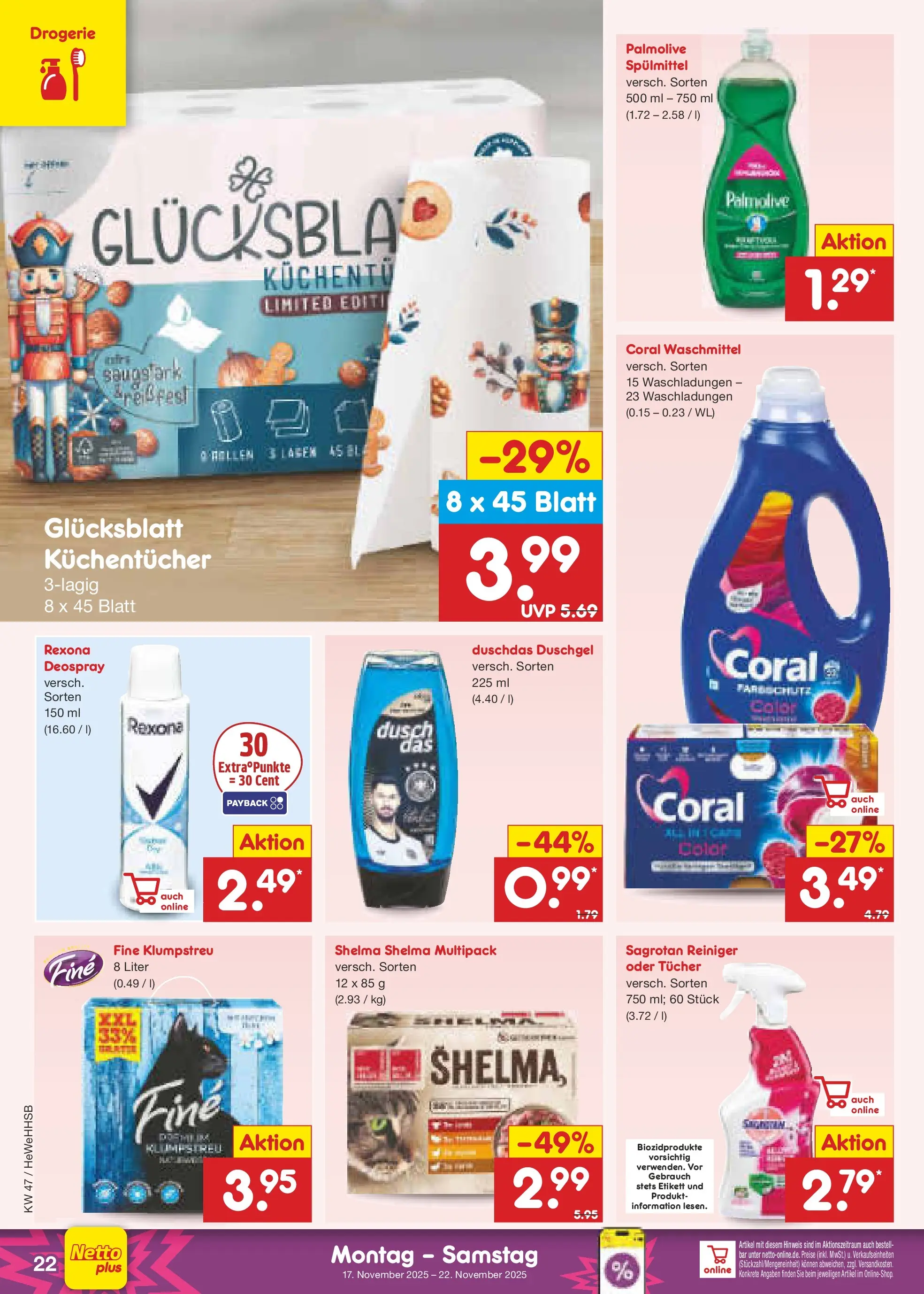 Netto Marken-Discount prospekt Brietlingen	 (ab 16.11.2025) » Angebote | Seite: 28 | Produkte: Coral, Duschgel, Duschdas, Deospray