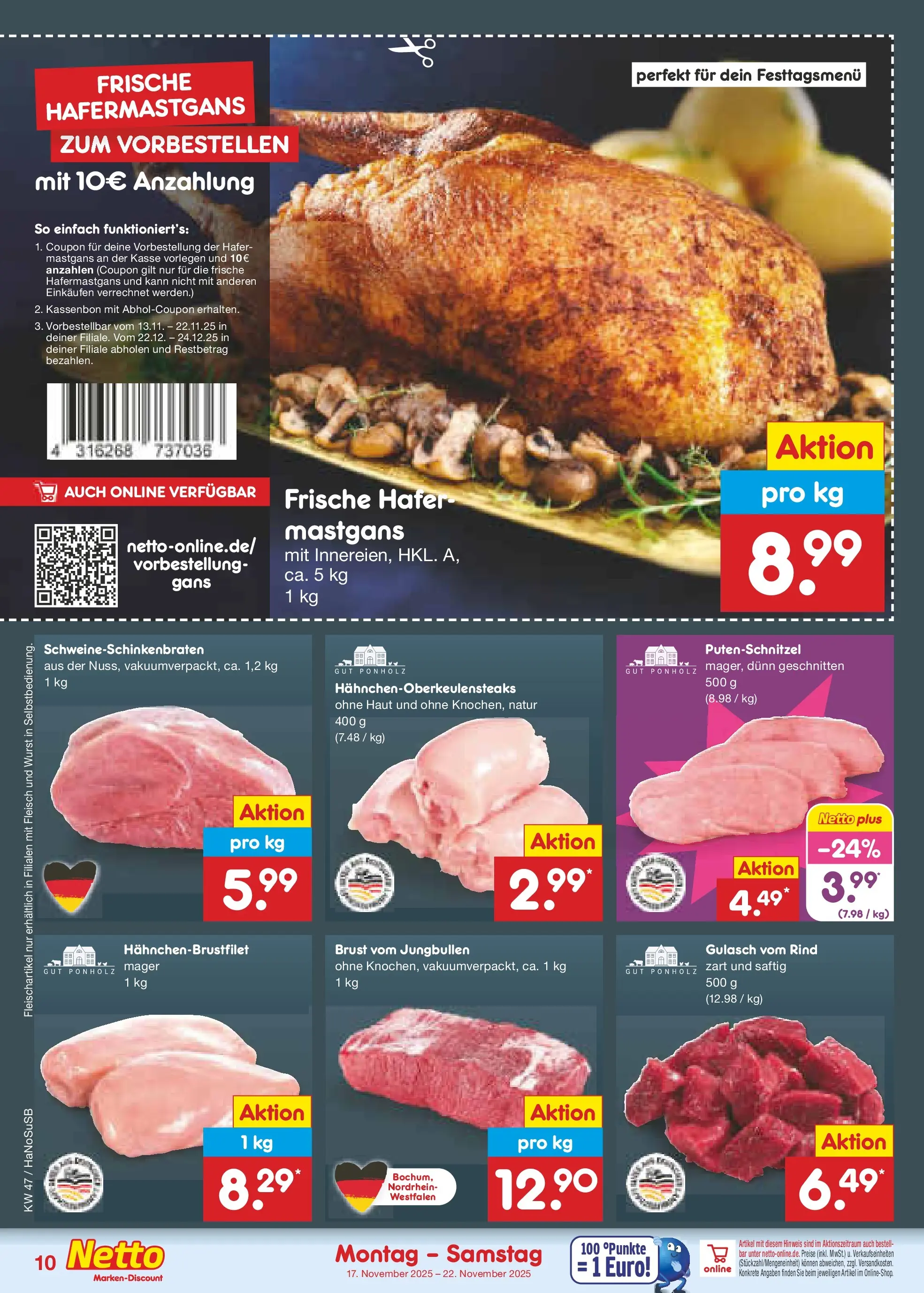 Netto Marken-Discount prospekt Schwerte-Geisecke	 (ab 17.11.2025) » Angebote | Seite: 10 | Produkte: Gulasch, Putenschnitzel, Wurst, Fleisch