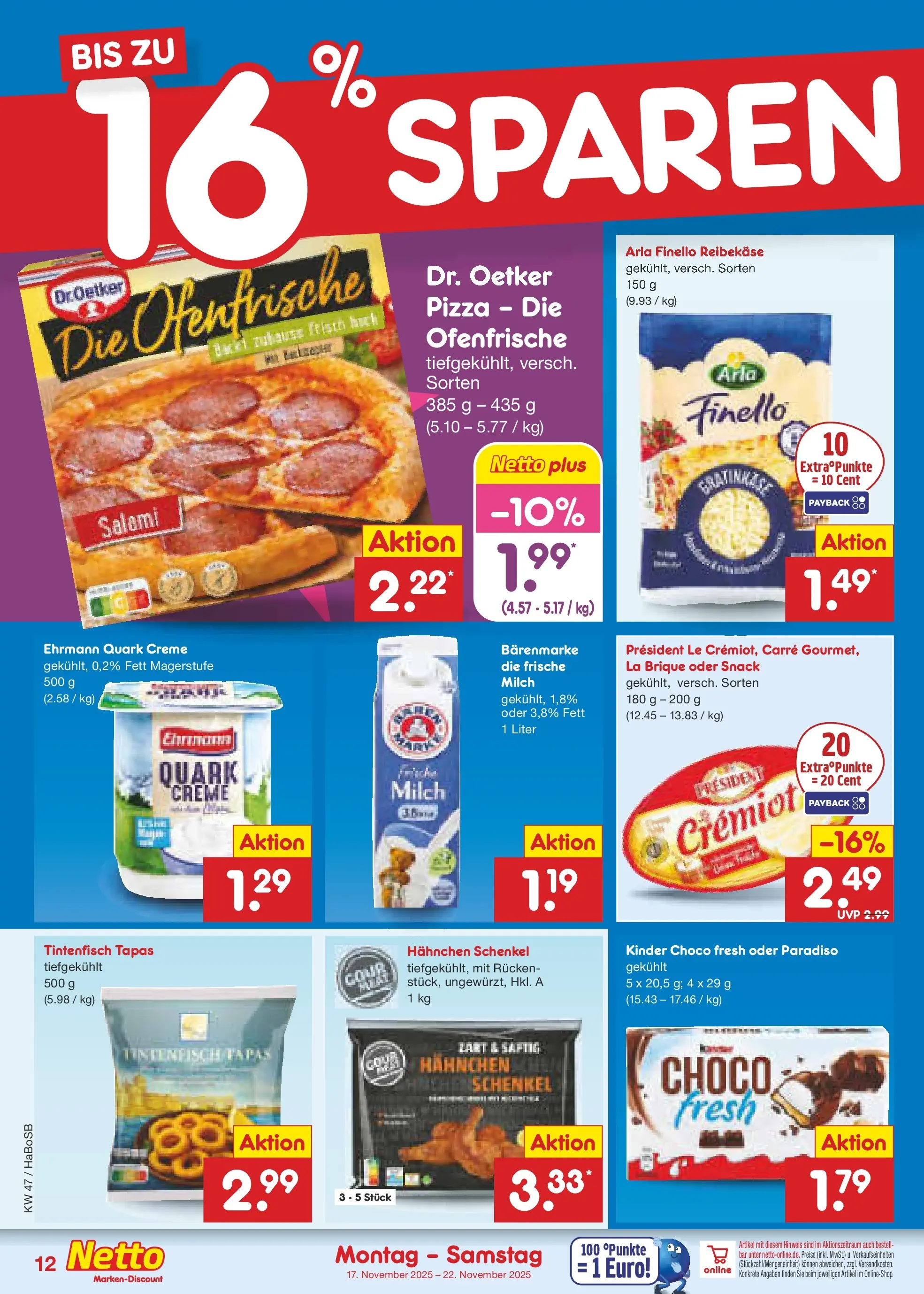Netto Marken-Discount prospekt Schwerte-Geisecke	 (ab 17.11.2025) » Angebote | Seite: 12 | Produkte: Milch, Tintenfisch, Creme, Pizza