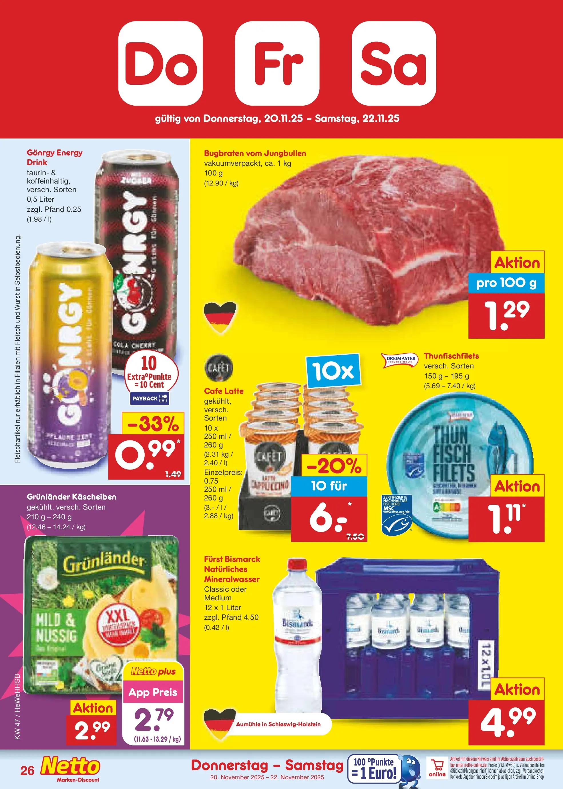 Netto Marken-Discount prospekt Brietlingen	 (ab 16.11.2025) » Angebote | Seite: 34 | Produkte: Cola, Mineralwasser, Fisch, Grunlander
