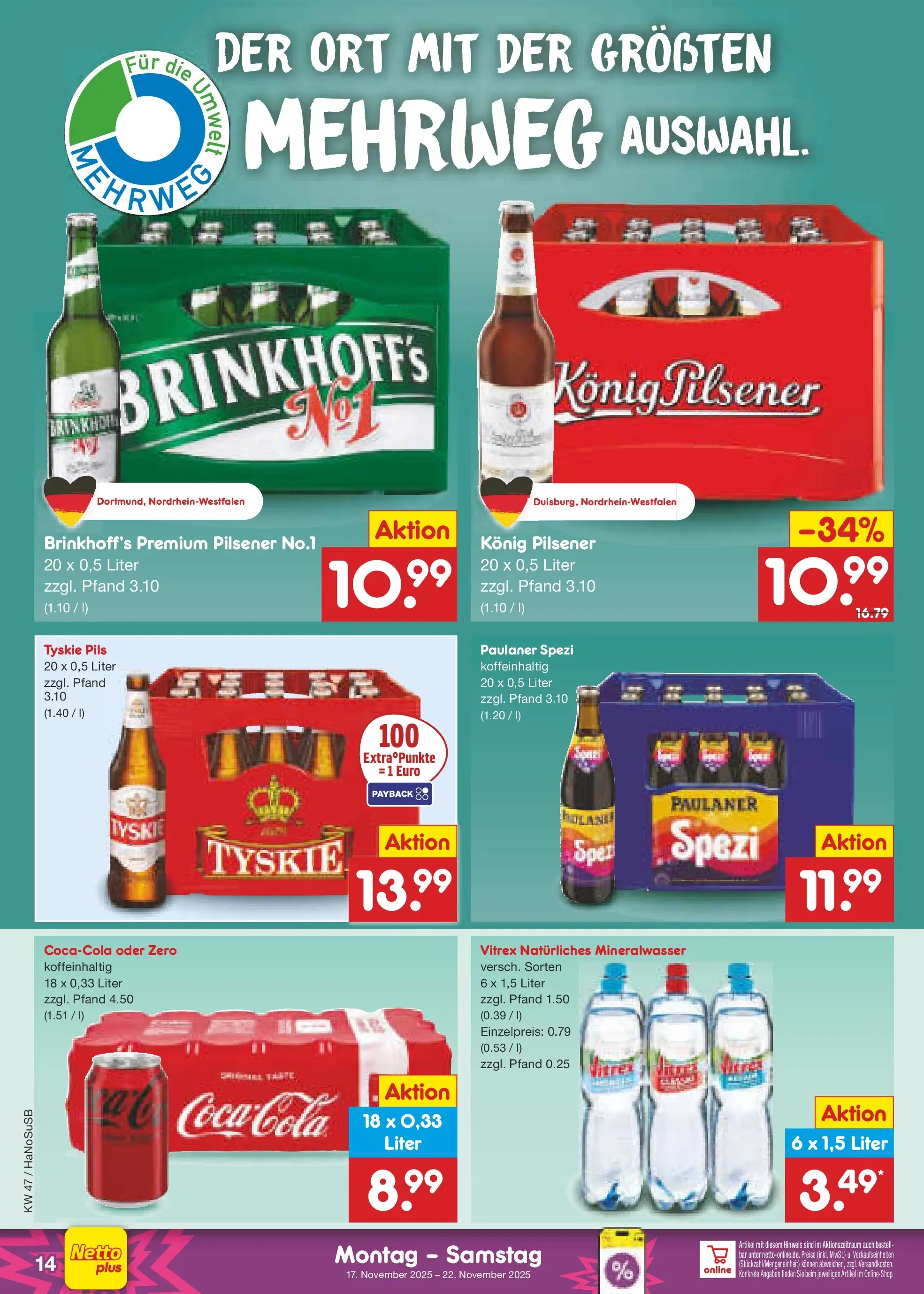 Netto Marken-Discount prospekt Schwerte-Geisecke	 (ab 17.11.2025) » Angebote | Seite: 14 | Produkte: Tyskie, Pils, Mineralwasser, Paulaner