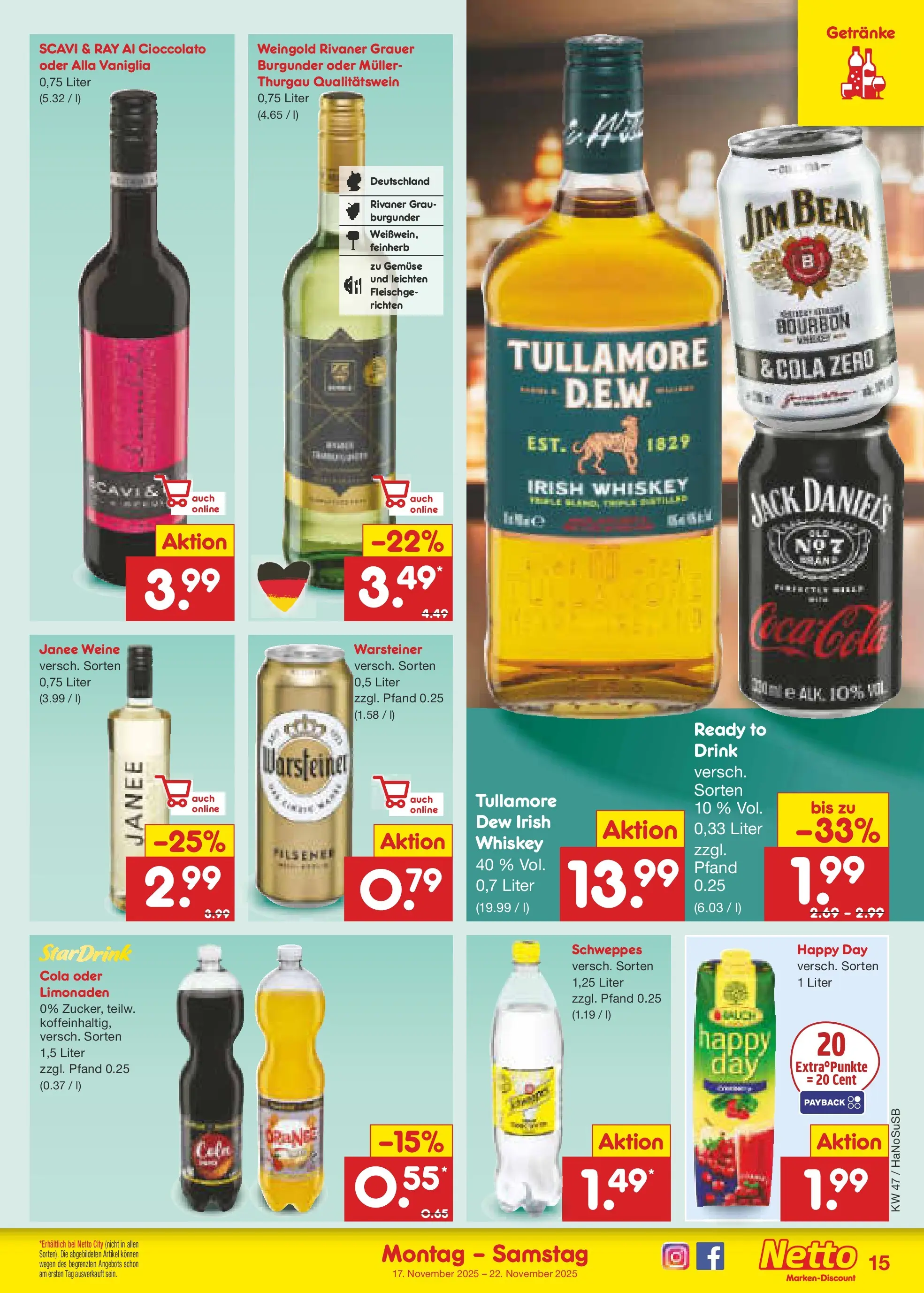 Netto Marken-Discount prospekt Schwerte-Geisecke	 (ab 17.11.2025) » Angebote | Seite: 15 | Produkte: Cola, Jack Daniel's, Gemüse, Whiskey
