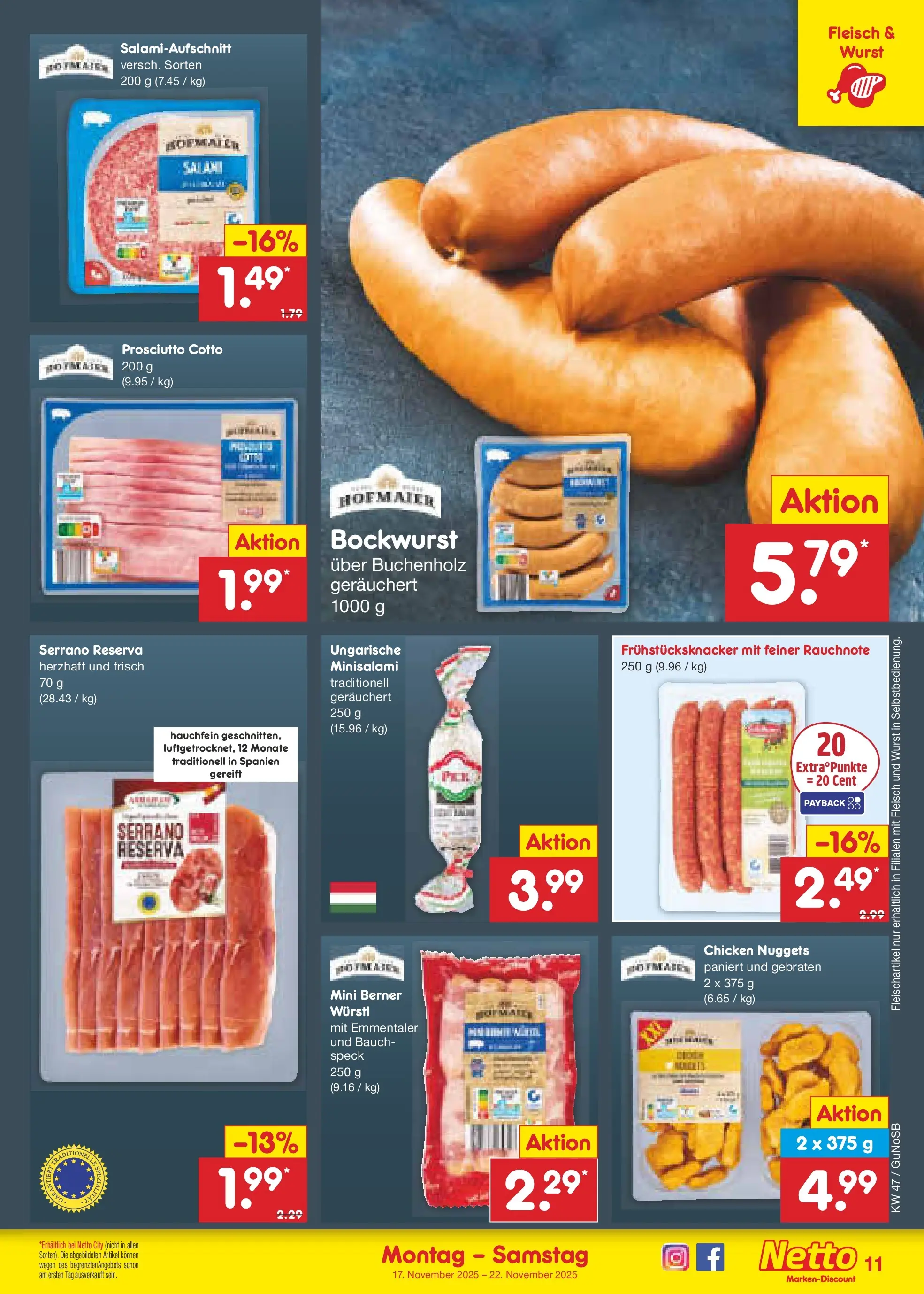 Netto Marken-Discount prospekt Machern	 (ab 16.11.2025) » Angebote | Seite: 11 | Produkte: Bockwurst, Wurst, Salami, Fleisch