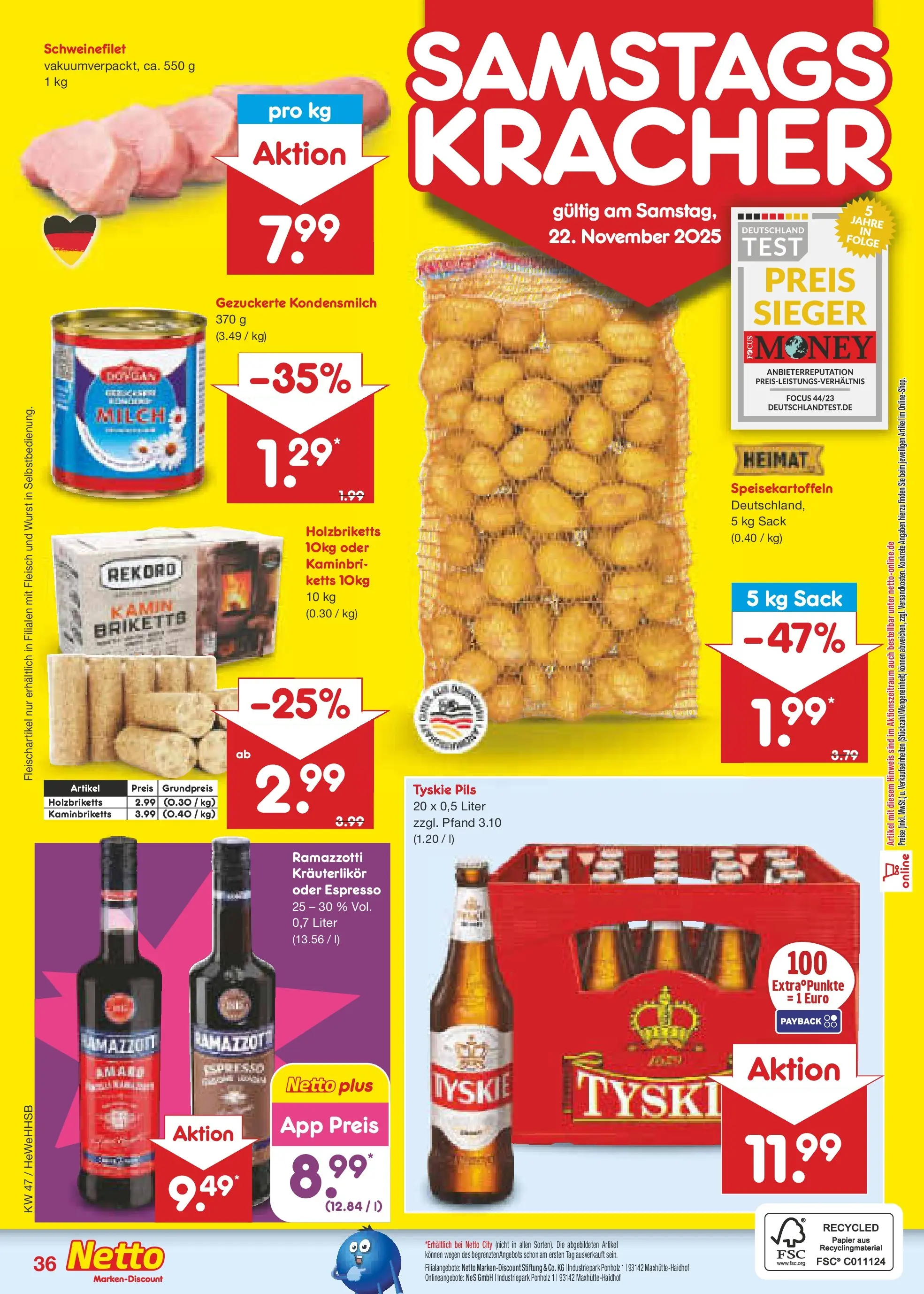 Netto Marken-Discount prospekt Brietlingen	 (ab 16.11.2025) » Angebote | Seite: 44 | Produkte: Kamin, Milch, Pils, Schweinefilet