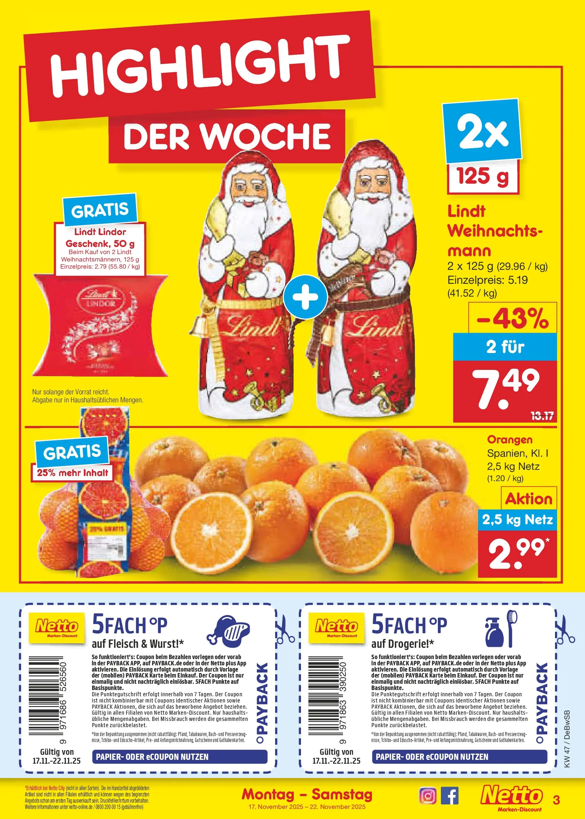 Netto Marken-Discount prospekt Waiblingen-Bittenfeld	 (ab 16.11.2025) » Angebote | Seite: 3 | Produkte: Orangen, Wurst, Lindt, Fleisch