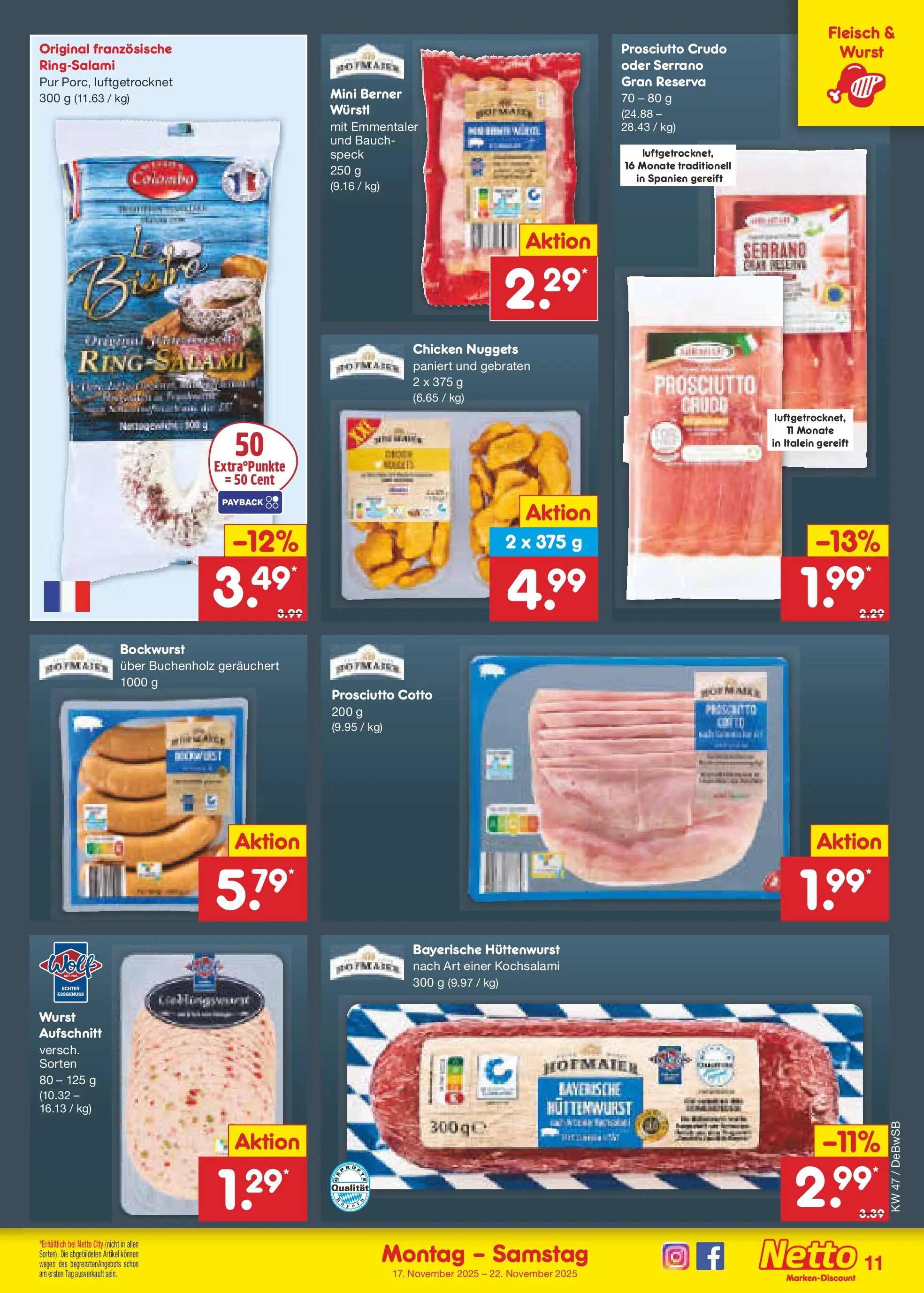 Netto Marken-Discount prospekt Waiblingen-Bittenfeld	 (ab 16.11.2025) » Angebote | Seite: 11 | Produkte: Bockwurst, Würstl, Wurst, Fleisch