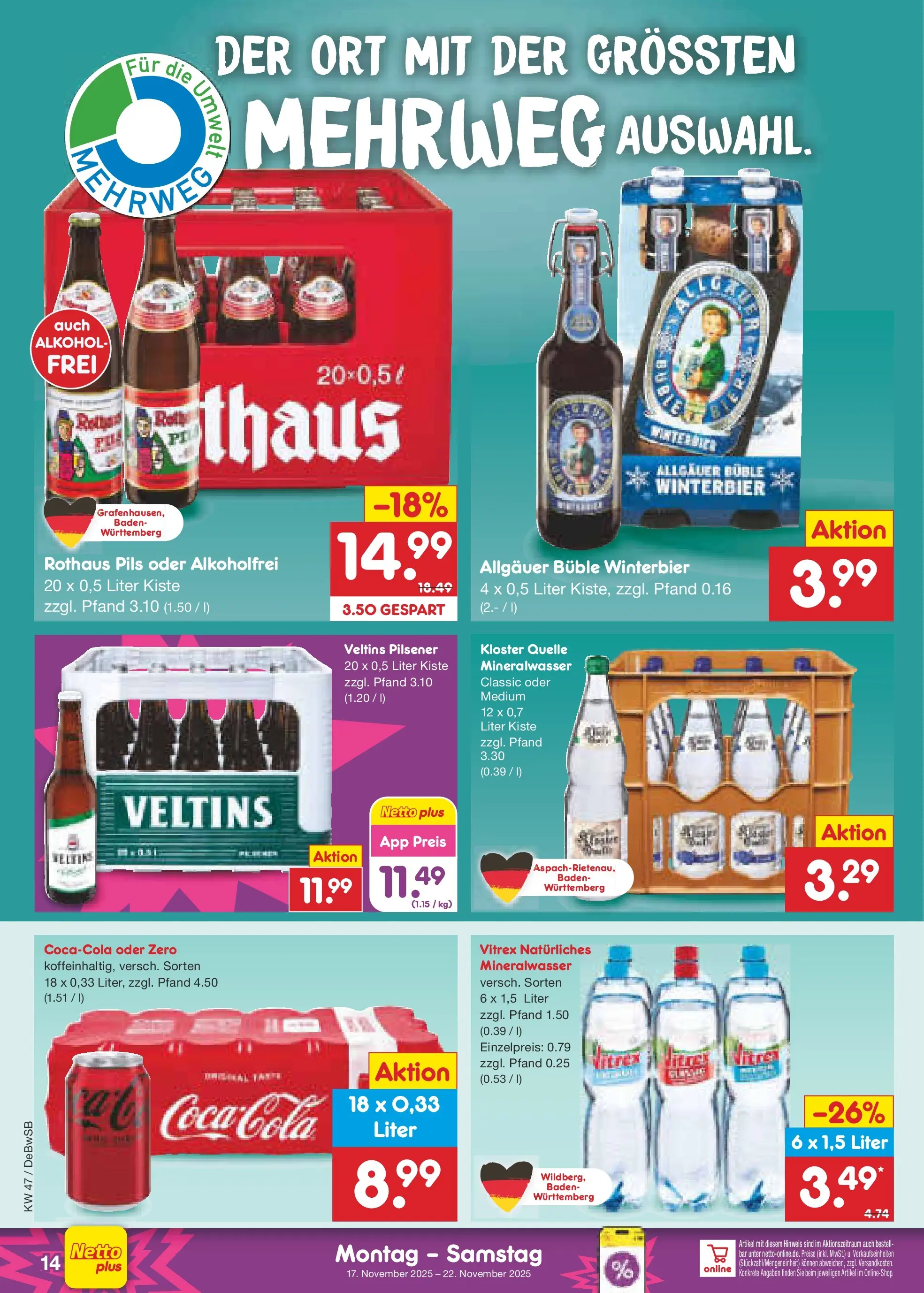 Netto Marken-Discount prospekt Waiblingen-Bittenfeld	 (ab 16.11.2025) » Angebote | Seite: 14 | Produkte: Pils, Mineralwasser, Veltins