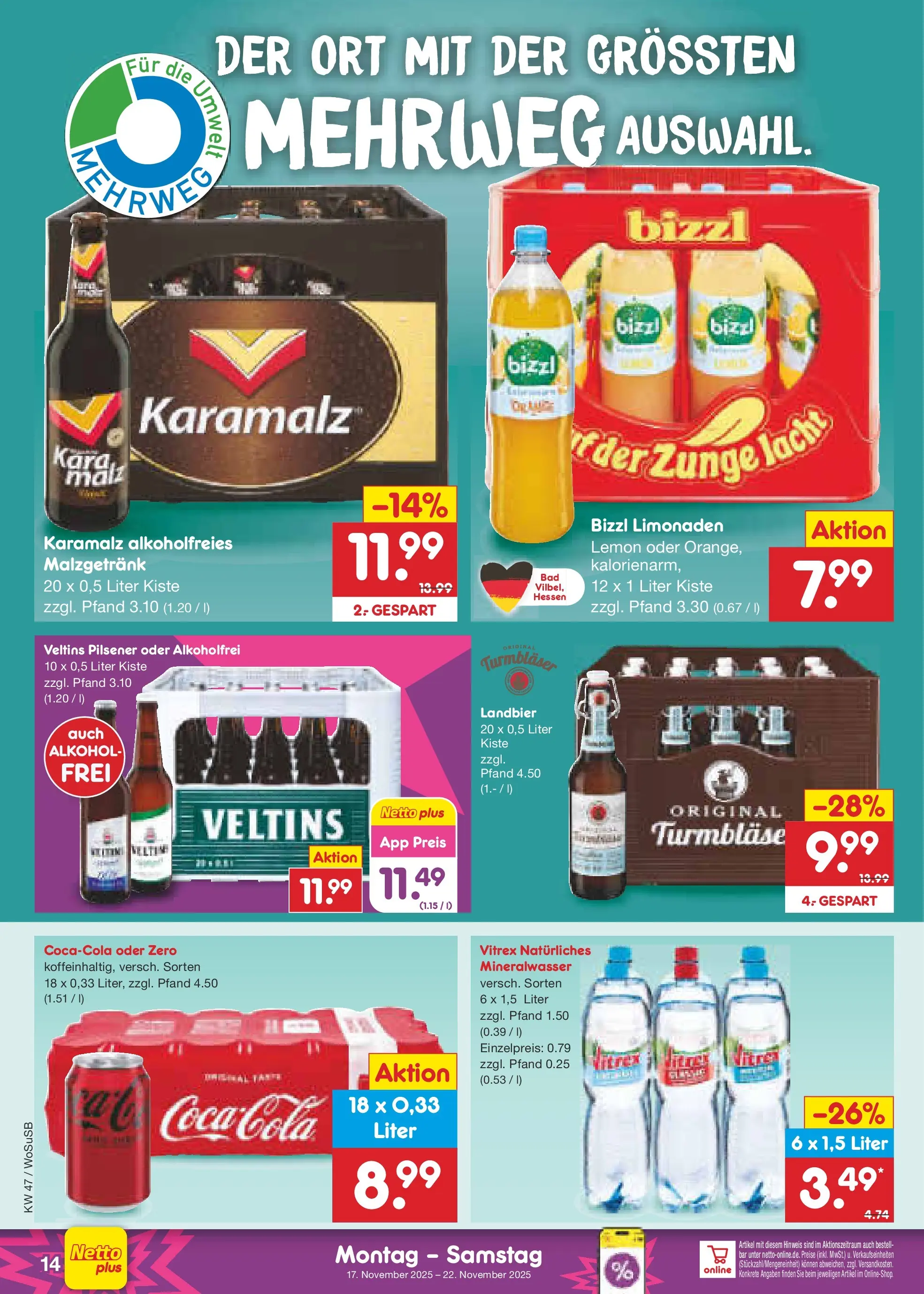 Netto Marken-Discount prospekt Mannheim	 (ab 17.11.2025) » Angebote | Seite: 14 | Produkte: Mineralwasser, Veltins