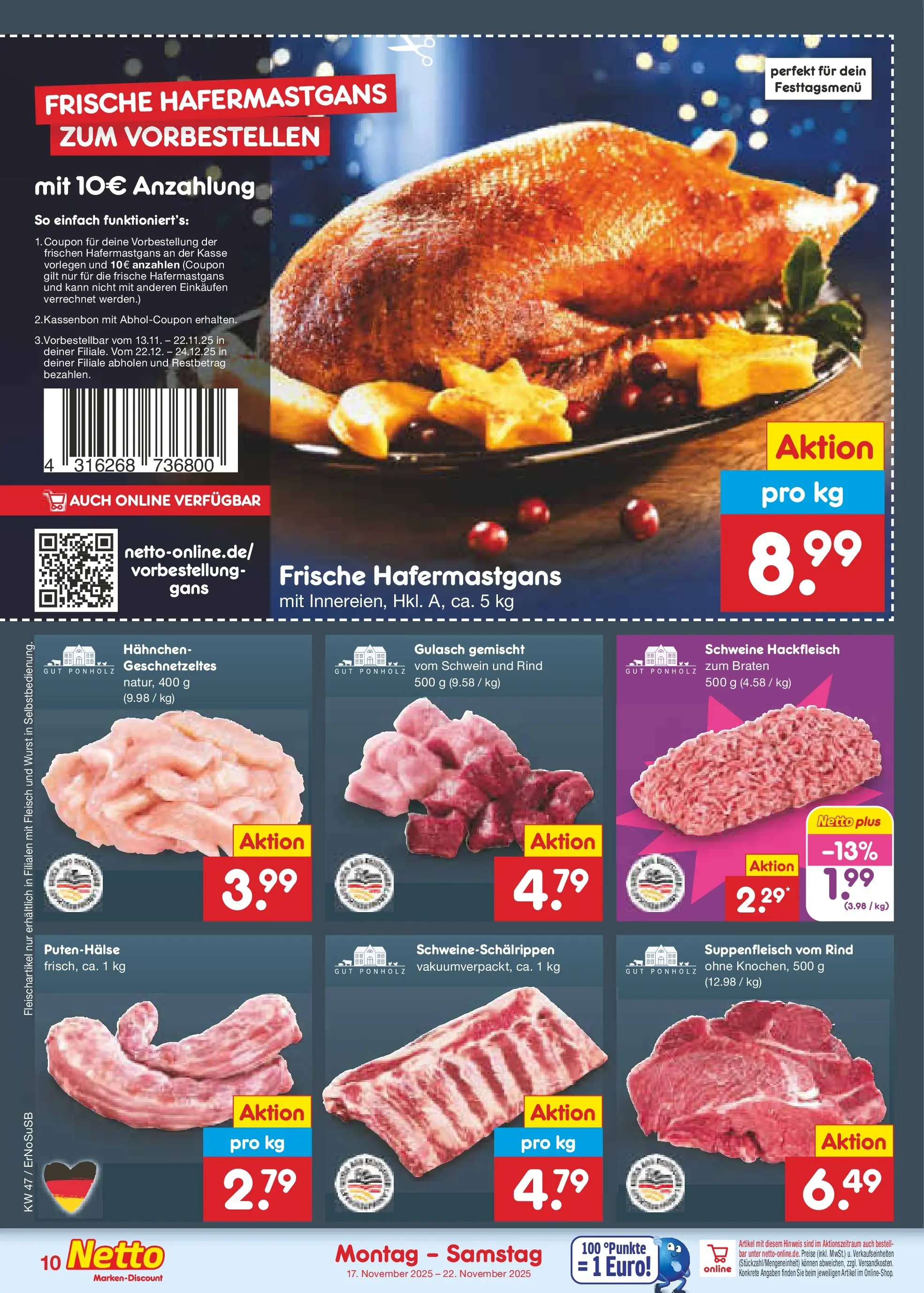 Netto Marken-Discount prospekt Nordhausen	 (ab 16.11.2025) » Angebote | Seite: 10 | Produkte: Hahnchen, Wurst, Fleisch, Hackfleisch