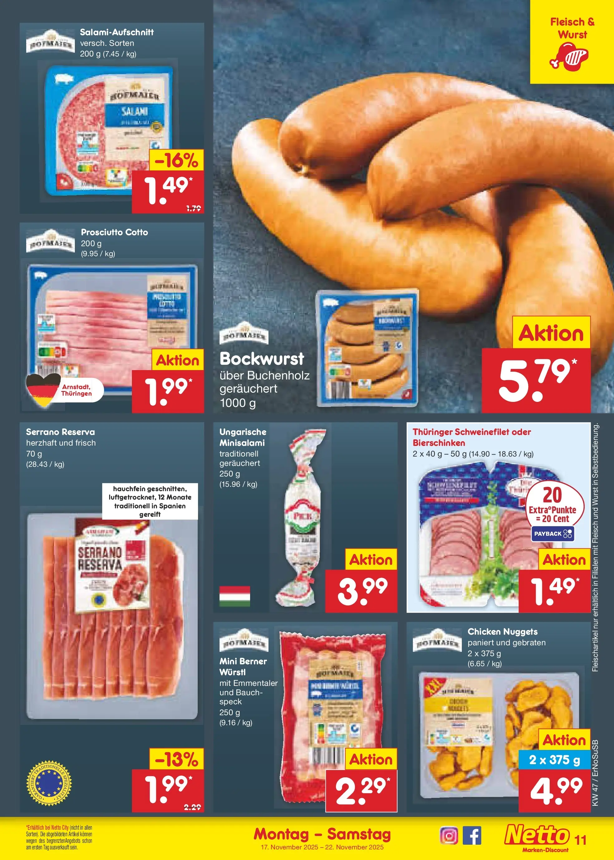 Netto Marken-Discount prospekt Nordhausen	 (ab 16.11.2025) » Angebote | Seite: 11 | Produkte: Bockwurst, Würstl, Wurst, Fleisch