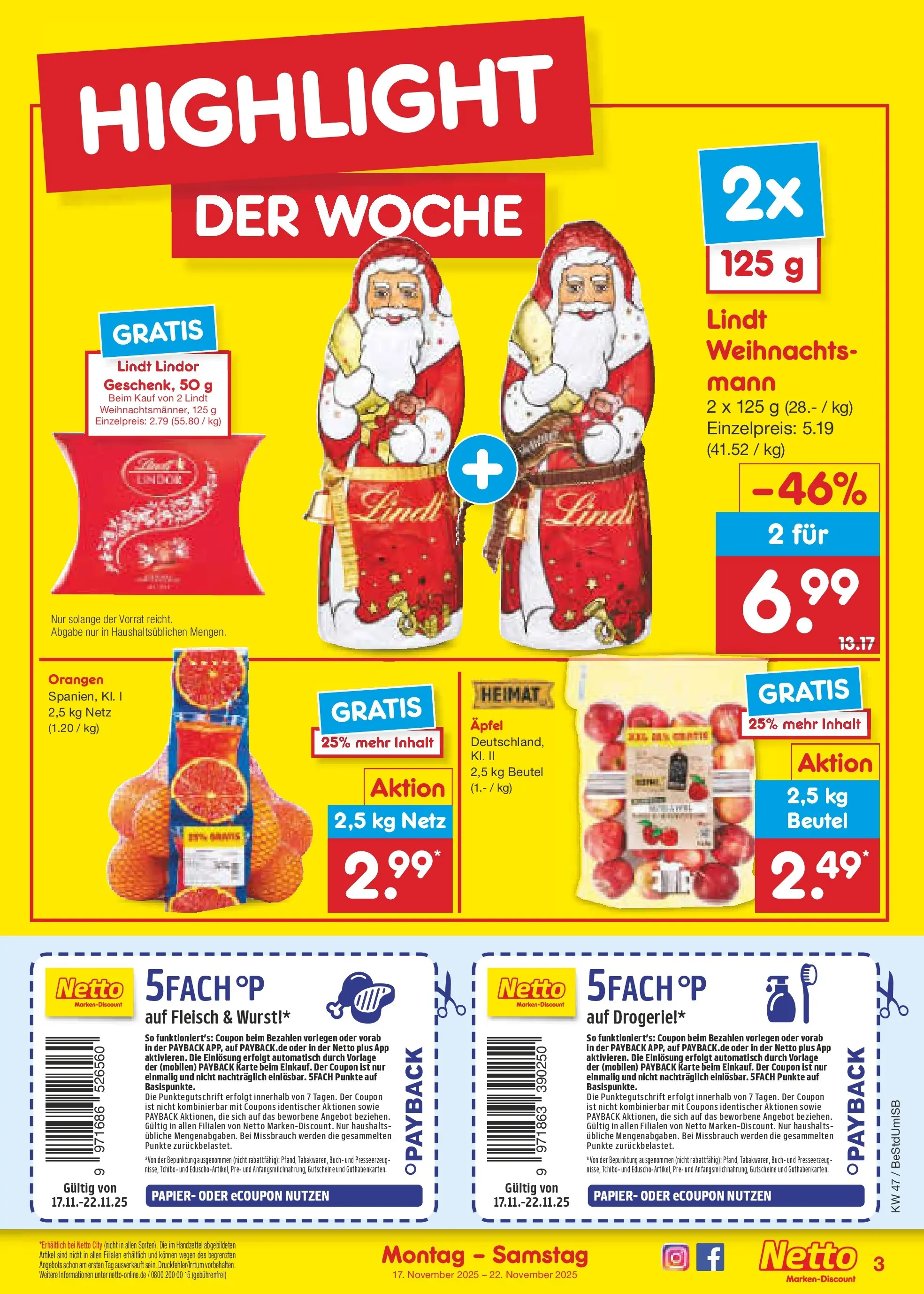 Netto Marken-Discount prospekt Berlin-Spandau	 (ab 16.11.2025) » Angebote | Seite: 3 | Produkte: Äpfel, Orangen, Lindt, Fleisch
