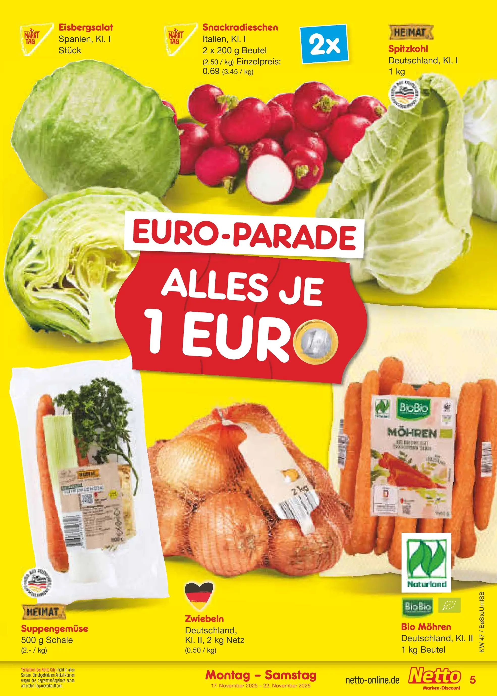 Netto Marken-Discount prospekt Berlin-Spandau	 (ab 16.11.2025) » Angebote | Seite: 5 | Produkte: Eisbergsalat, Mohren, Zwiebeln