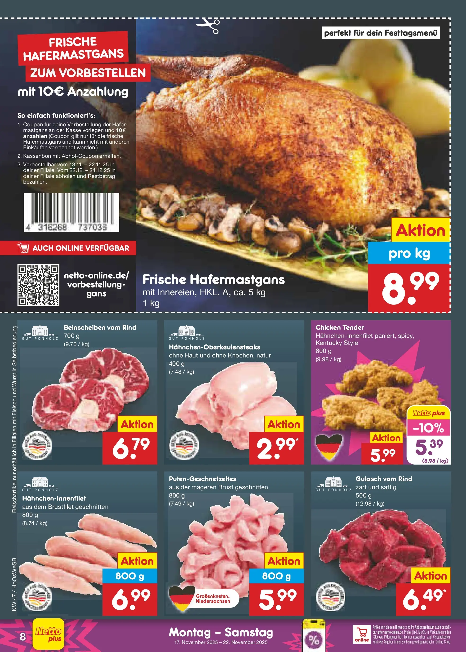 Netto Marken-Discount prospekt Braunschweig-Lamme	 (ab 16.11.2025) » Angebote | Seite: 8 | Produkte: Gulasch, Wurst, Fleisch