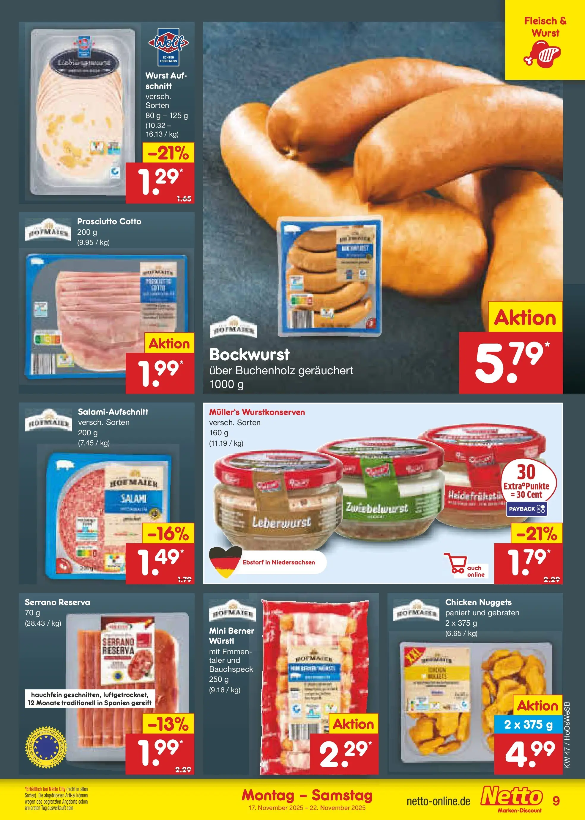 Netto Marken-Discount prospekt Braunschweig-Lamme	 (ab 16.11.2025) » Angebote | Seite: 9 | Produkte: Bockwurst, Würstl, Wurst, Salami