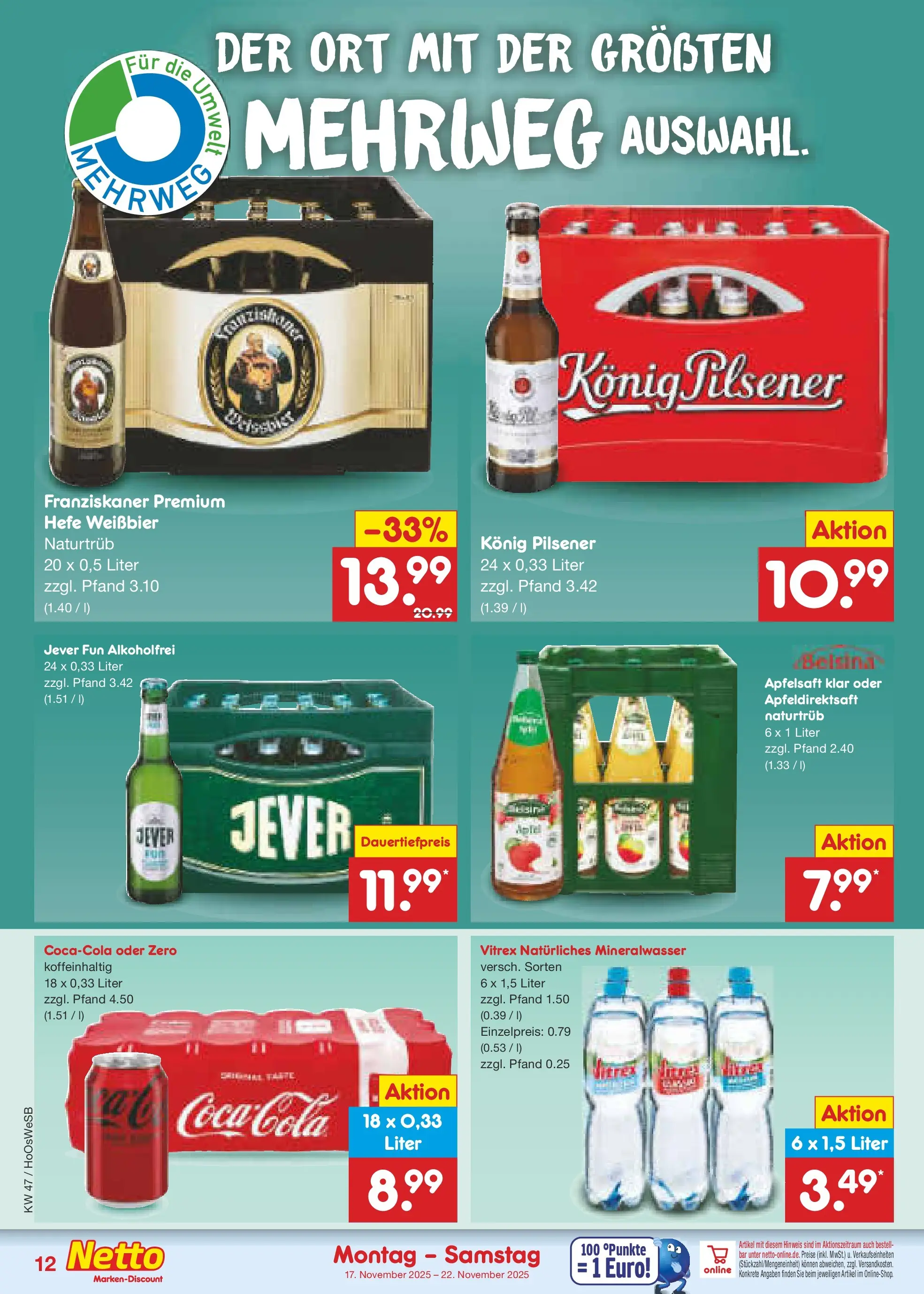 Netto Marken-Discount prospekt Braunschweig-Lamme	 (ab 16.11.2025) » Angebote | Seite: 12 | Produkte: Coca cola, Cola, Apfelsaft, Mineralwasser