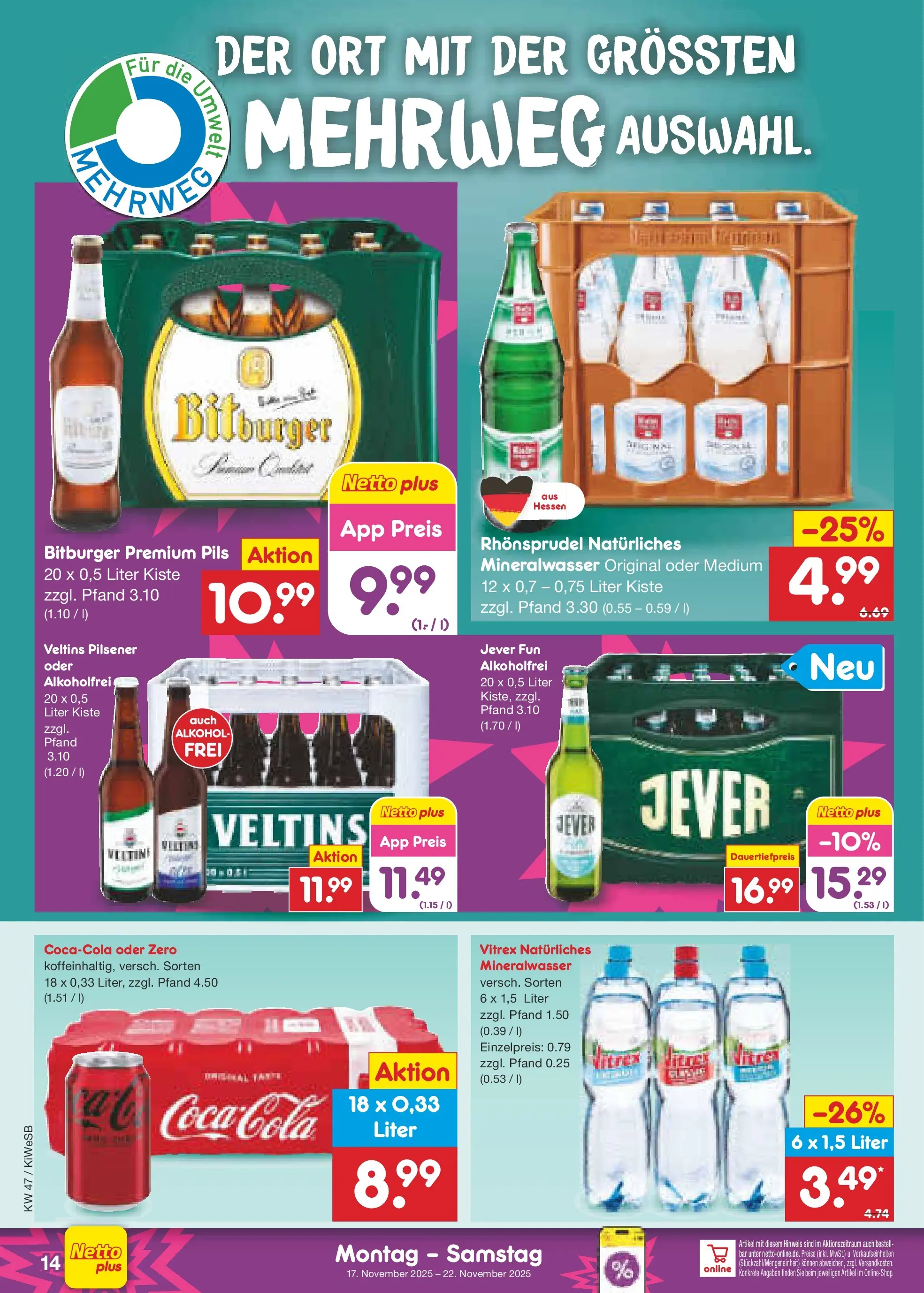 Netto Marken-Discount prospekt Bad Friedrichshall	 (ab 16.11.2025) » Angebote | Seite: 14 | Produkte: Bitburger, Pils, Mineralwasser, Rhonsprudel