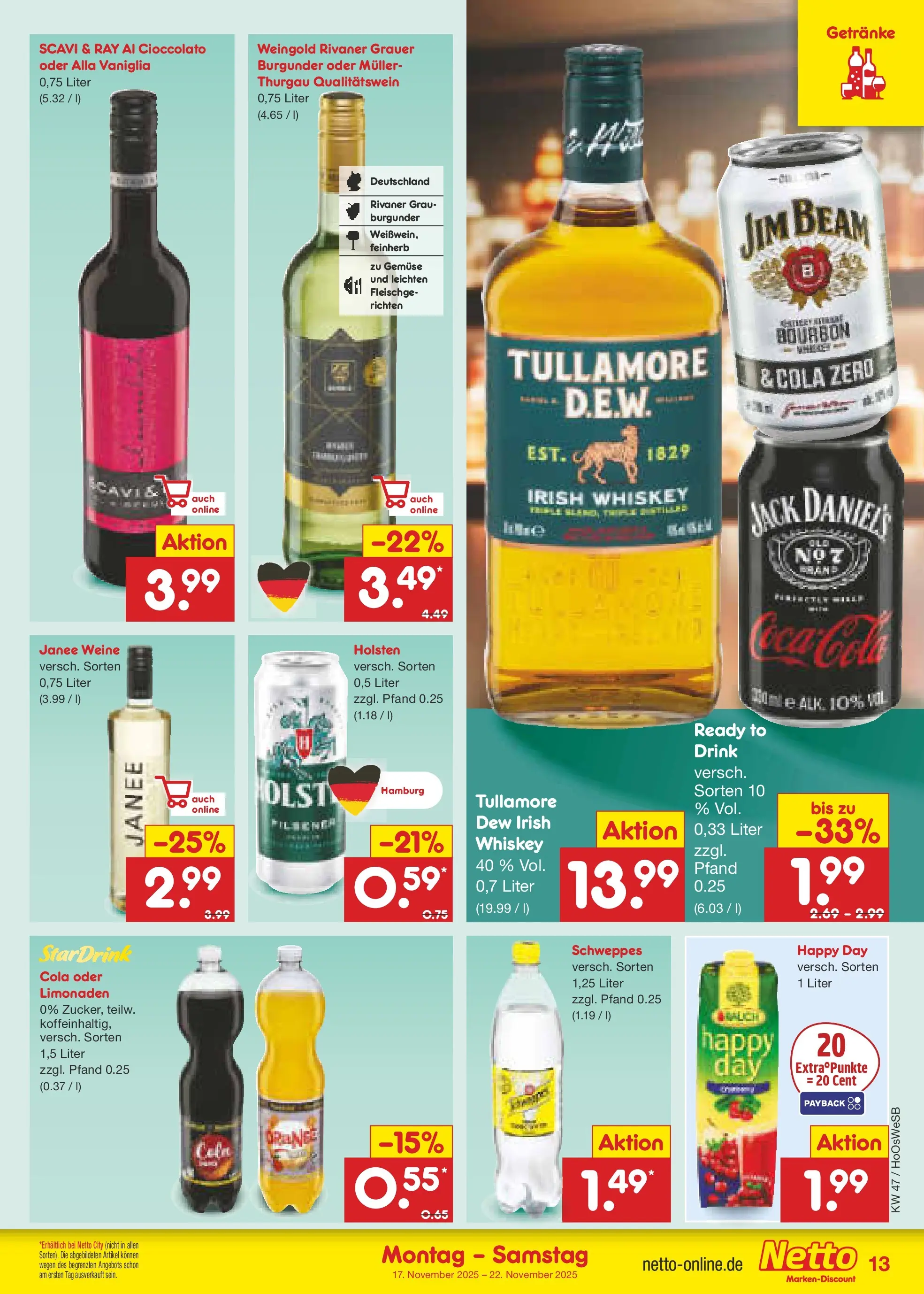Netto Marken-Discount prospekt Braunschweig-Lamme	 (ab 16.11.2025) » Angebote | Seite: 13 | Produkte: Jim beam, Holsten, Schweppes, Bourbon