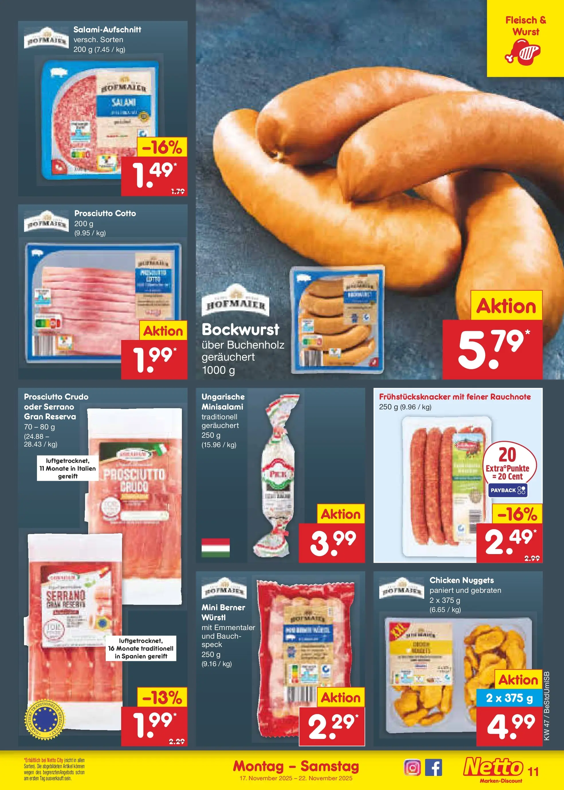 Netto Marken-Discount prospekt Berlin-Spandau	 (ab 16.11.2025) » Angebote | Seite: 11 | Produkte: Bockwurst, Würstl, Salami, Fleisch