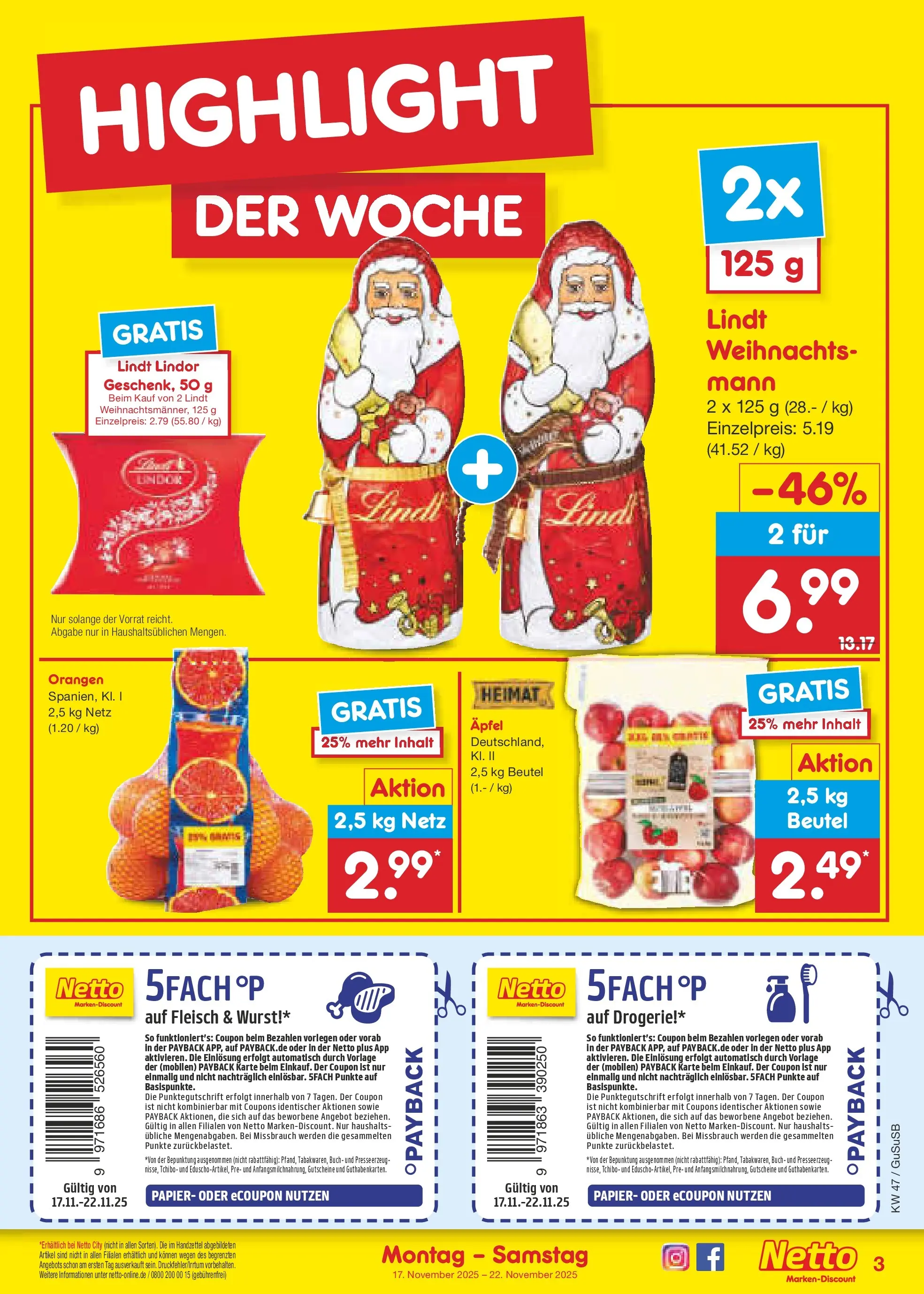 Netto Marken-Discount prospekt Rodewisch	 (ab 16.11.2025) » Angebote | Seite: 3 | Produkte: Äpfel, Orangen, Wurst, Lindt