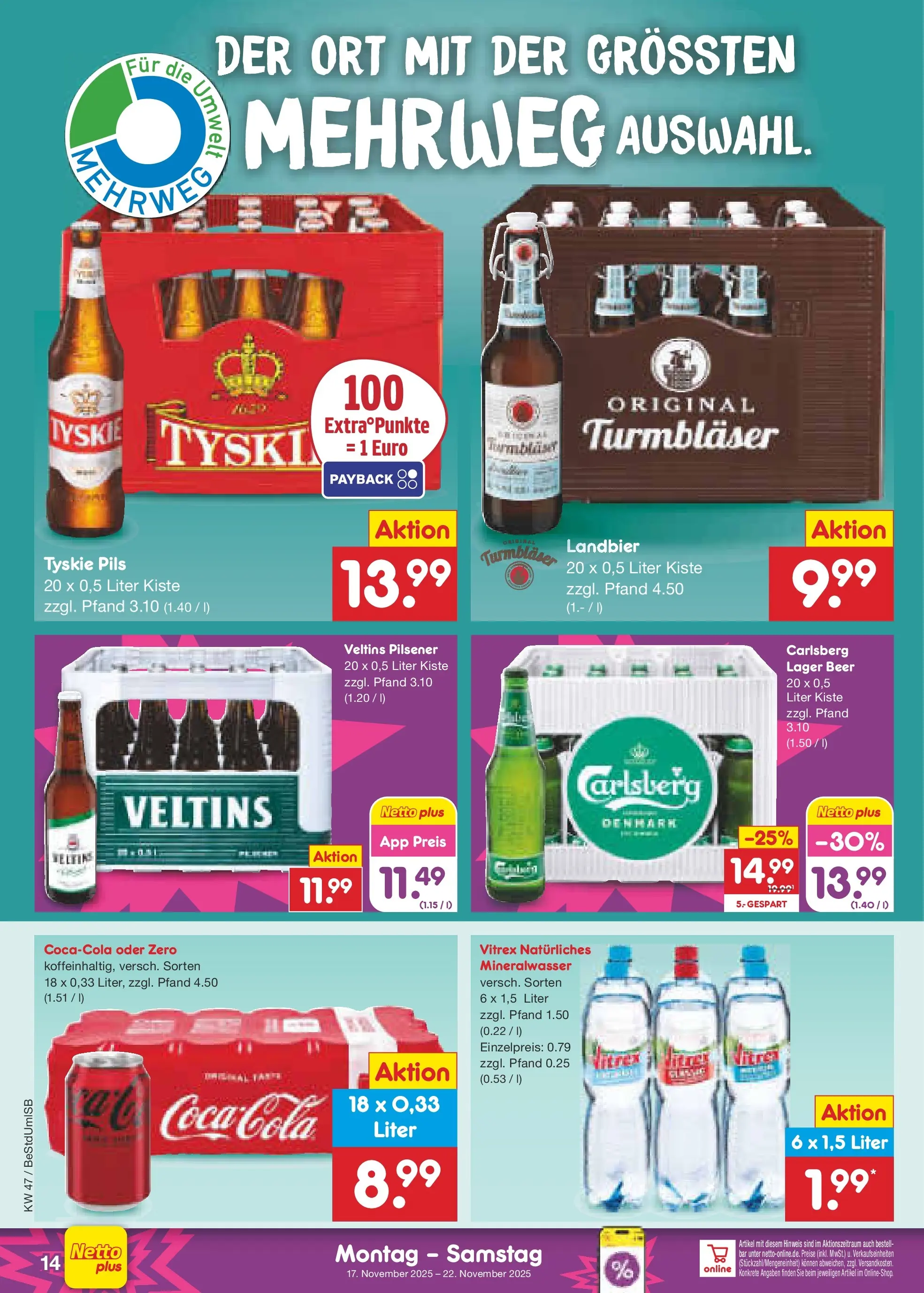 Netto Marken-Discount prospekt Berlin-Spandau	 (ab 16.11.2025) » Angebote | Seite: 14 | Produkte: Tyskie, Cola, Mineralwasser, Veltins