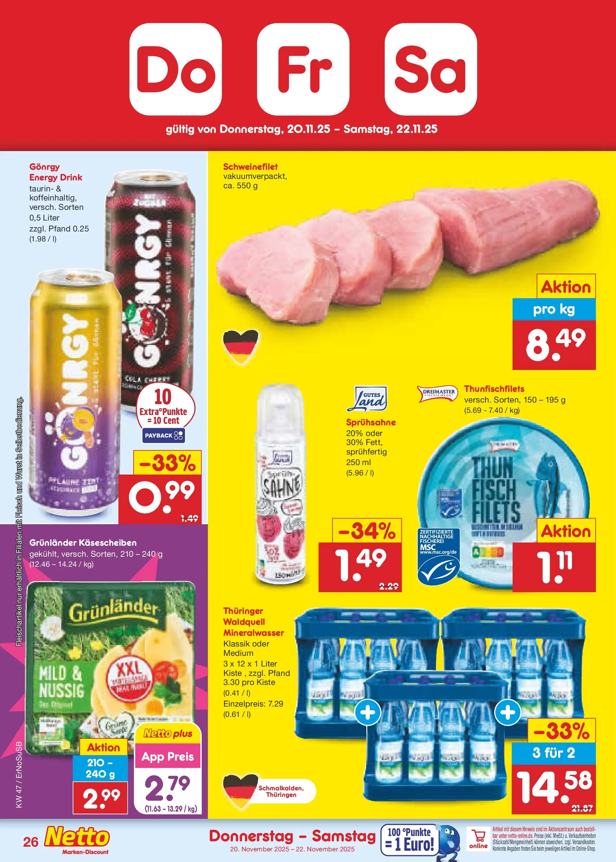 Netto Marken-Discount prospekt Nordhausen	 (ab 16.11.2025) » Angebote | Seite: 38 | Produkte: Cola, Energy, Schweinefilet, Fisch