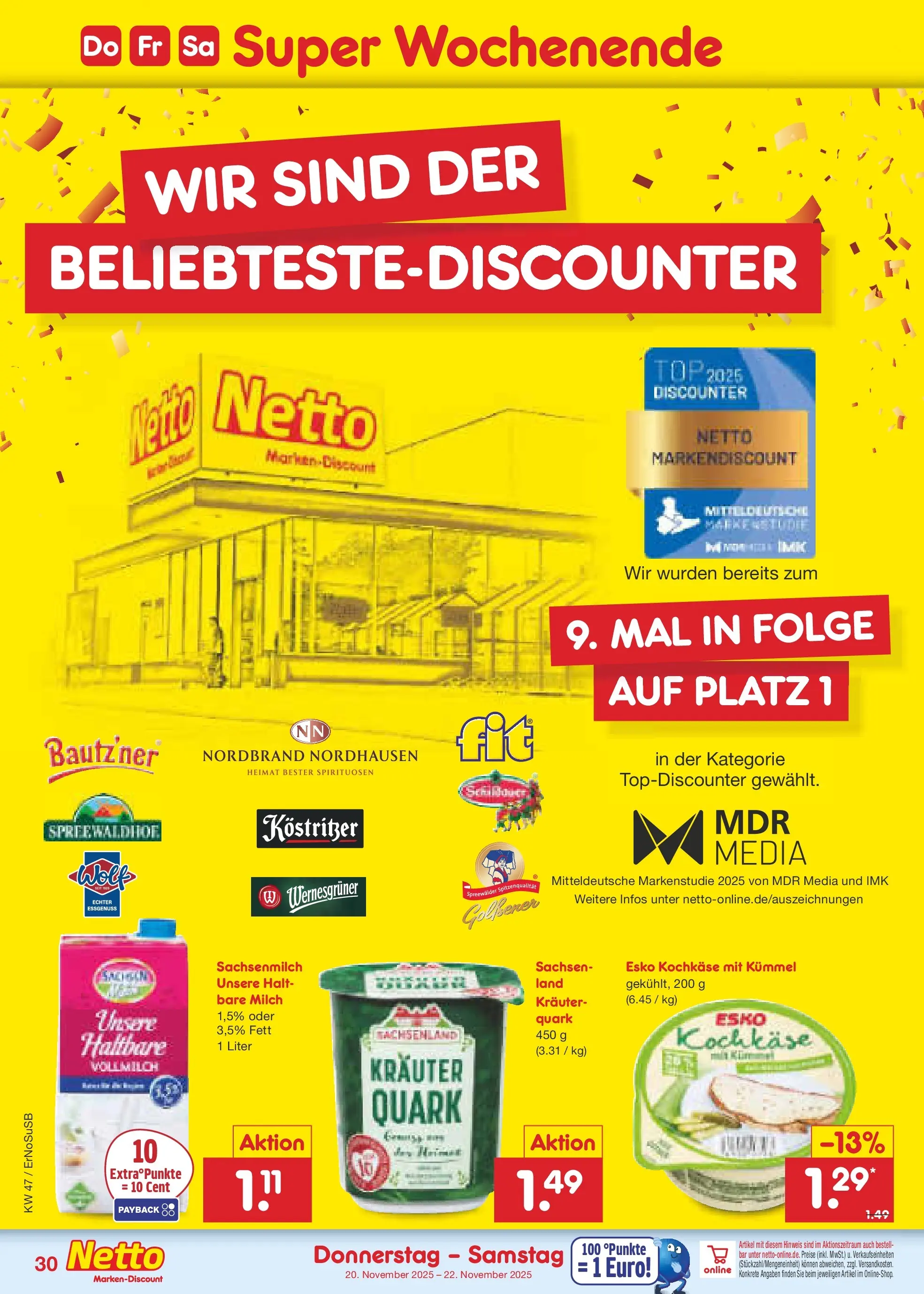 Netto Marken-Discount prospekt Nordhausen	 (ab 16.11.2025) » Angebote | Seite: 42 | Produkte: Top, Quark, Kostritzer, Wernesgruner