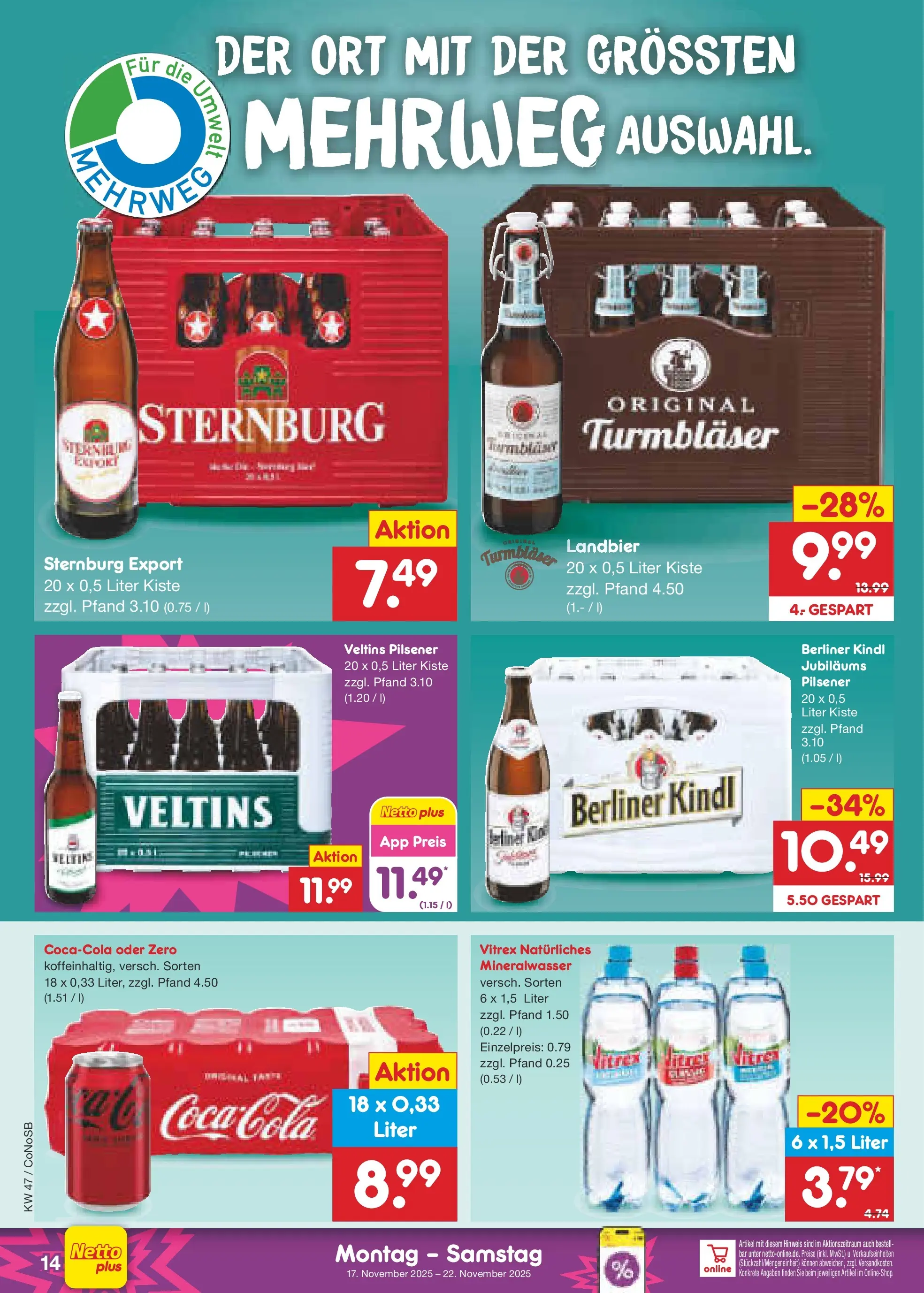 Netto Marken-Discount prospekt Kloster Lehnin (ab 16.11.2025) » Angebote | Seite: 14 | Produkte: Berliner, Coca cola, Cola, Veltins Netto Marken-Discount prospekt Kloster Lehnin (ab 16.11.2025) » Angebote | Seite: 14 | Produkte: Berliner, Coca cola, Cola, Veltins