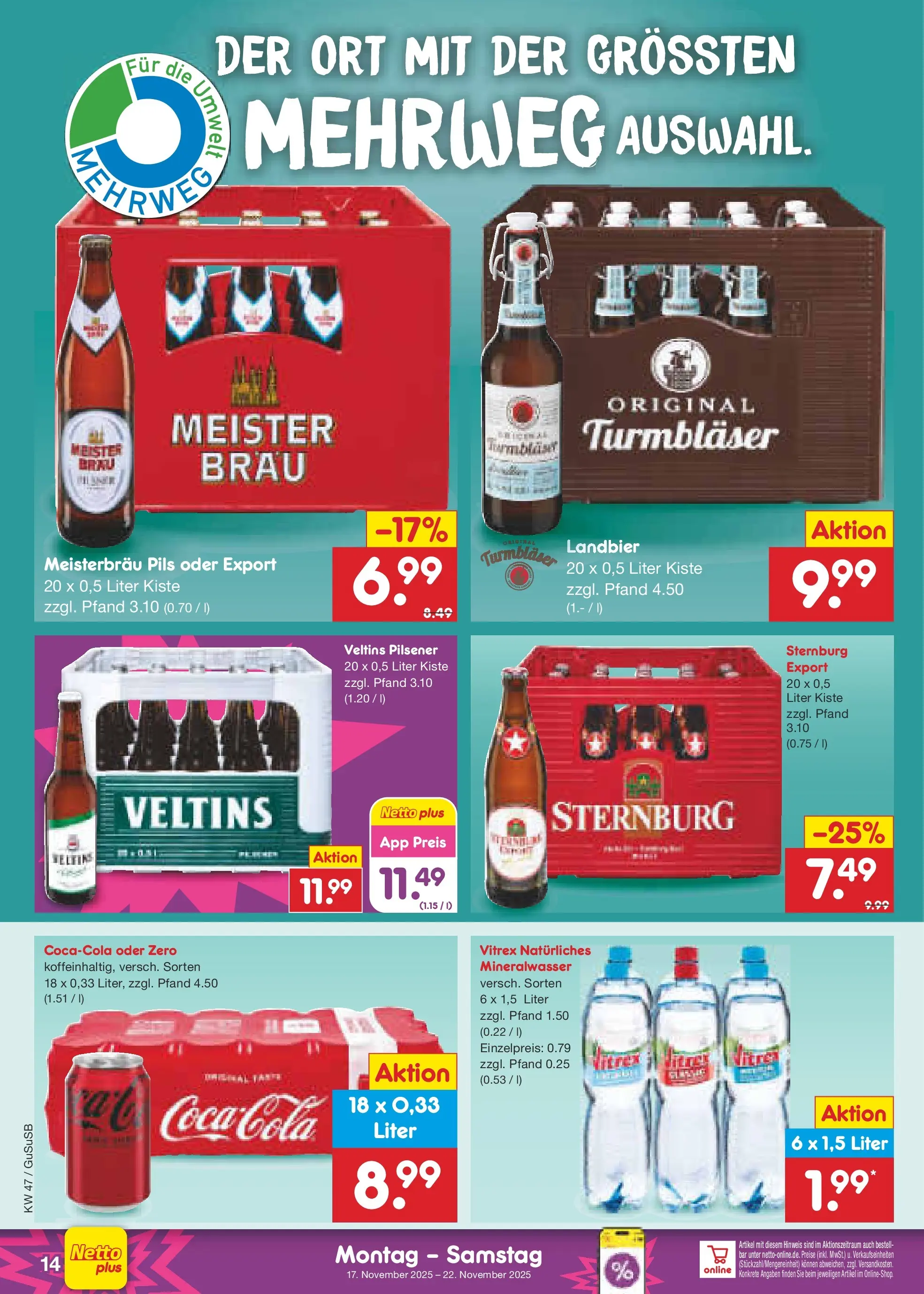 Netto Marken-Discount prospekt Rodewisch	 (ab 16.11.2025) » Angebote | Seite: 14 | Produkte: Pils, Mineralwasser, Veltins