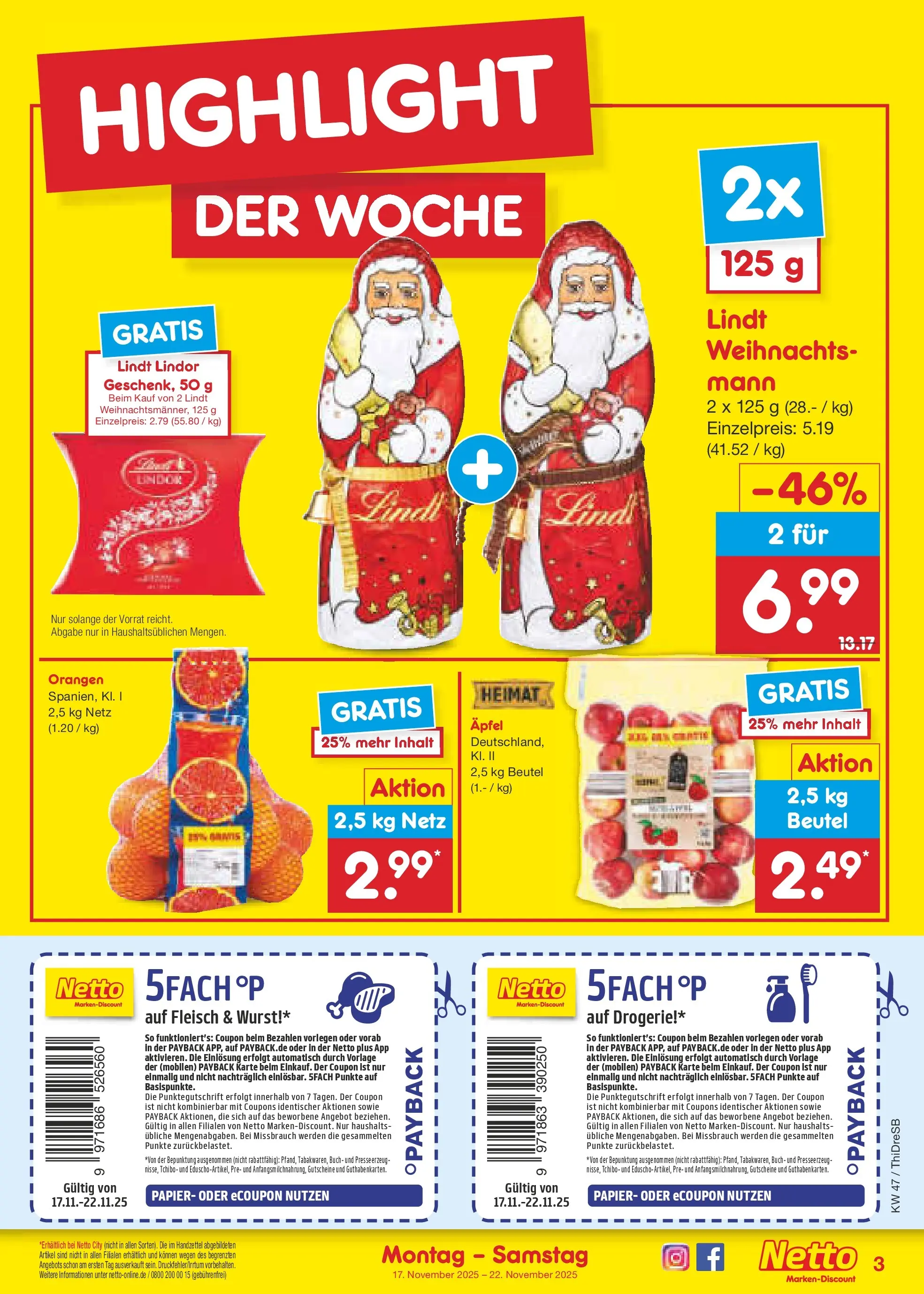 Netto Marken-Discount prospekt Dresden	 (ab 17.11.2025) » Angebote | Seite: 3 | Produkte: Äpfel, Orangen, Wurst, Lindt