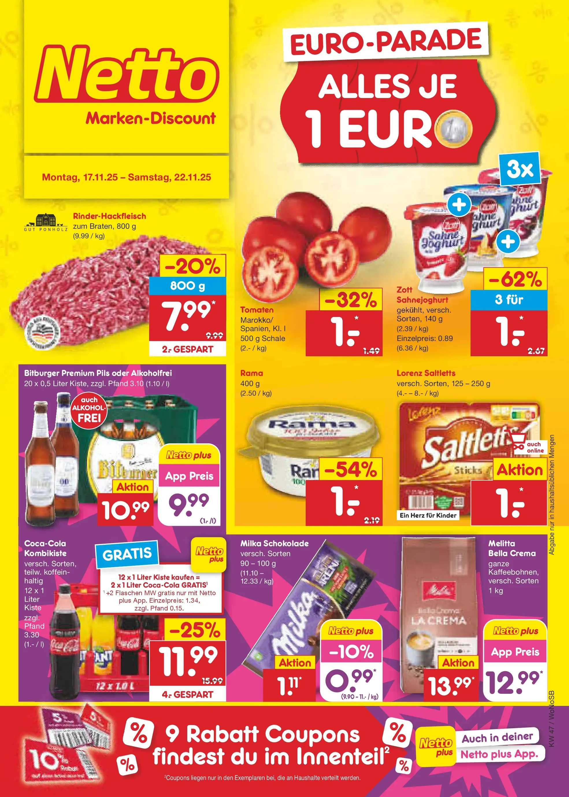 Netto Marken-Discount prospekt Lahnau	 (ab 16.11.2025) » Angebote | Seite: 1 | Produkte: Melitta, Tomaten, Milka, Sahne