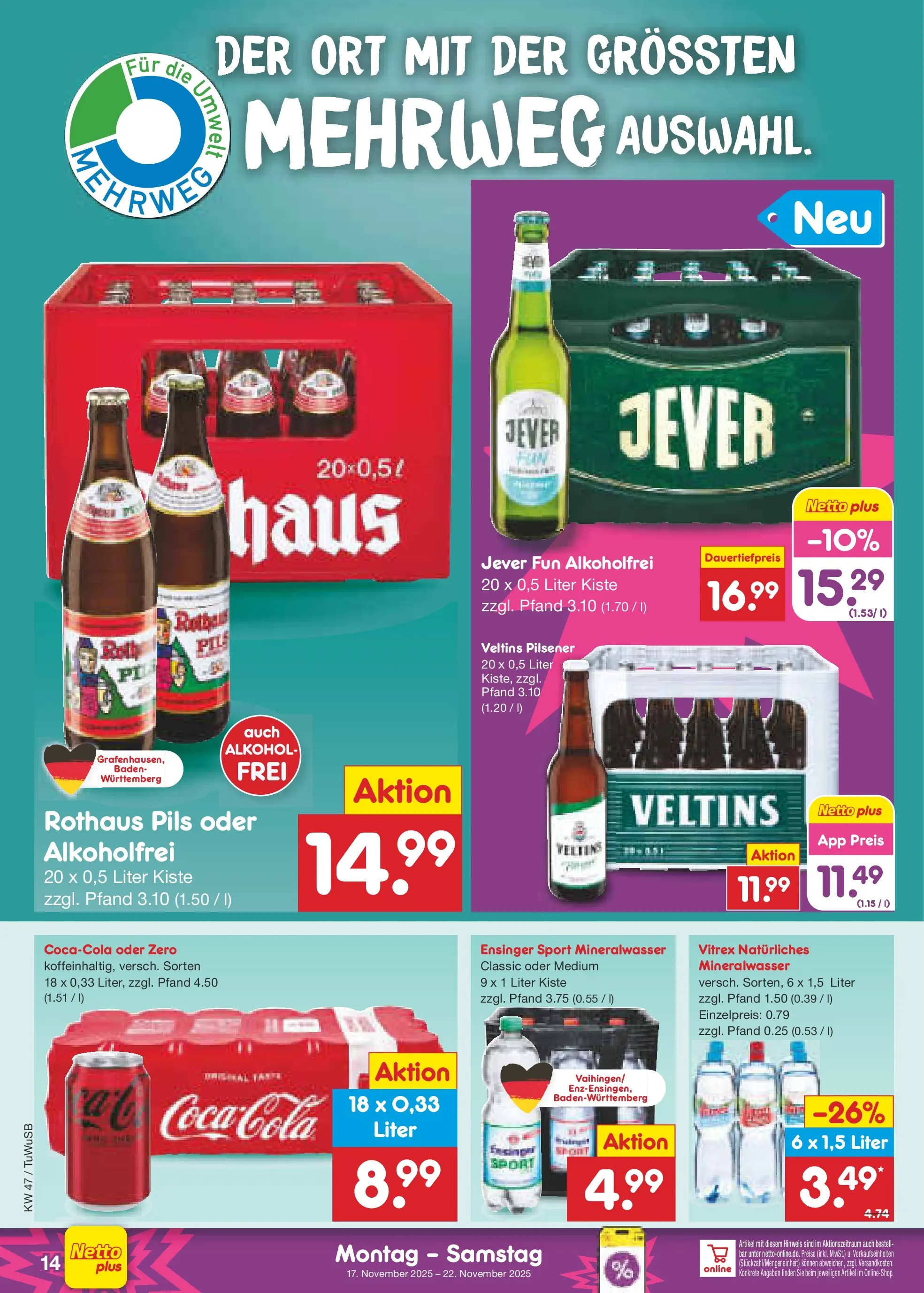 Netto Marken-Discount prospekt Calw-Stammheim	 (ab 17.11.2025) » Angebote | Seite: 14 | Produkte: Pils, Mineralwasser, Jever, Veltins