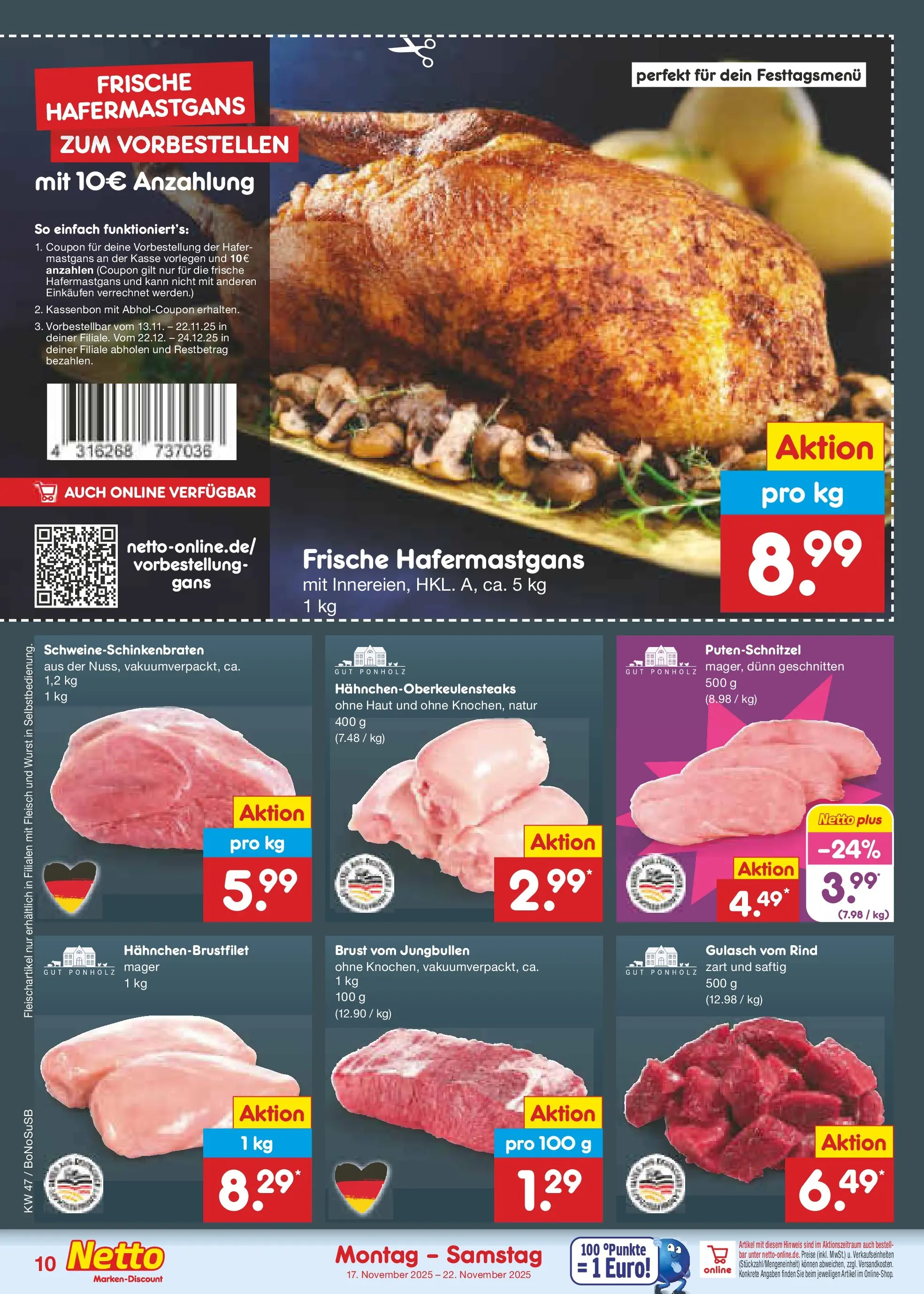Netto Marken-Discount prospekt Stadtlohn	 (ab 17.11.2025) » Angebote | Seite: 10 | Produkte: Gulasch, Putenschnitzel, Wurst, Fleisch