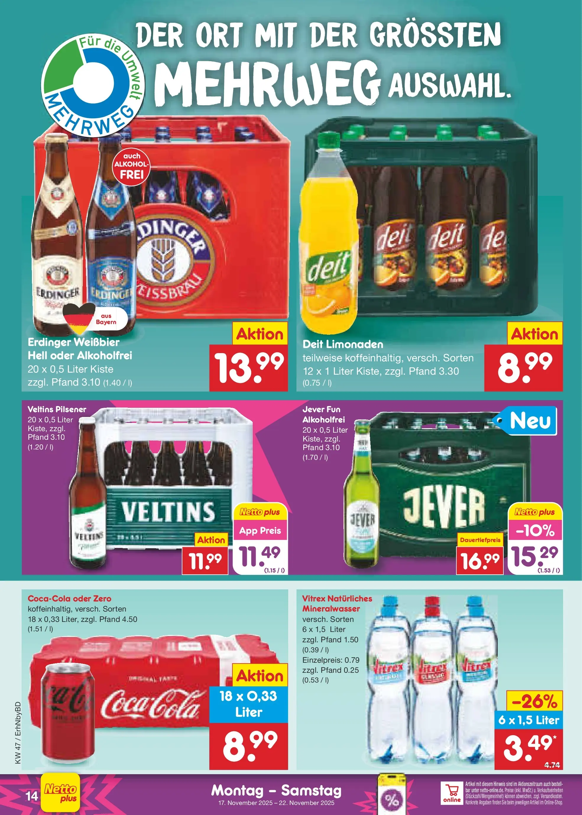 Netto Marken-Discount prospekt Ergolding	 (ab 17.11.2025) » Angebote | Seite: 14 | Produkte: Erdinger, Weißbier, Mineralwasser, Veltins