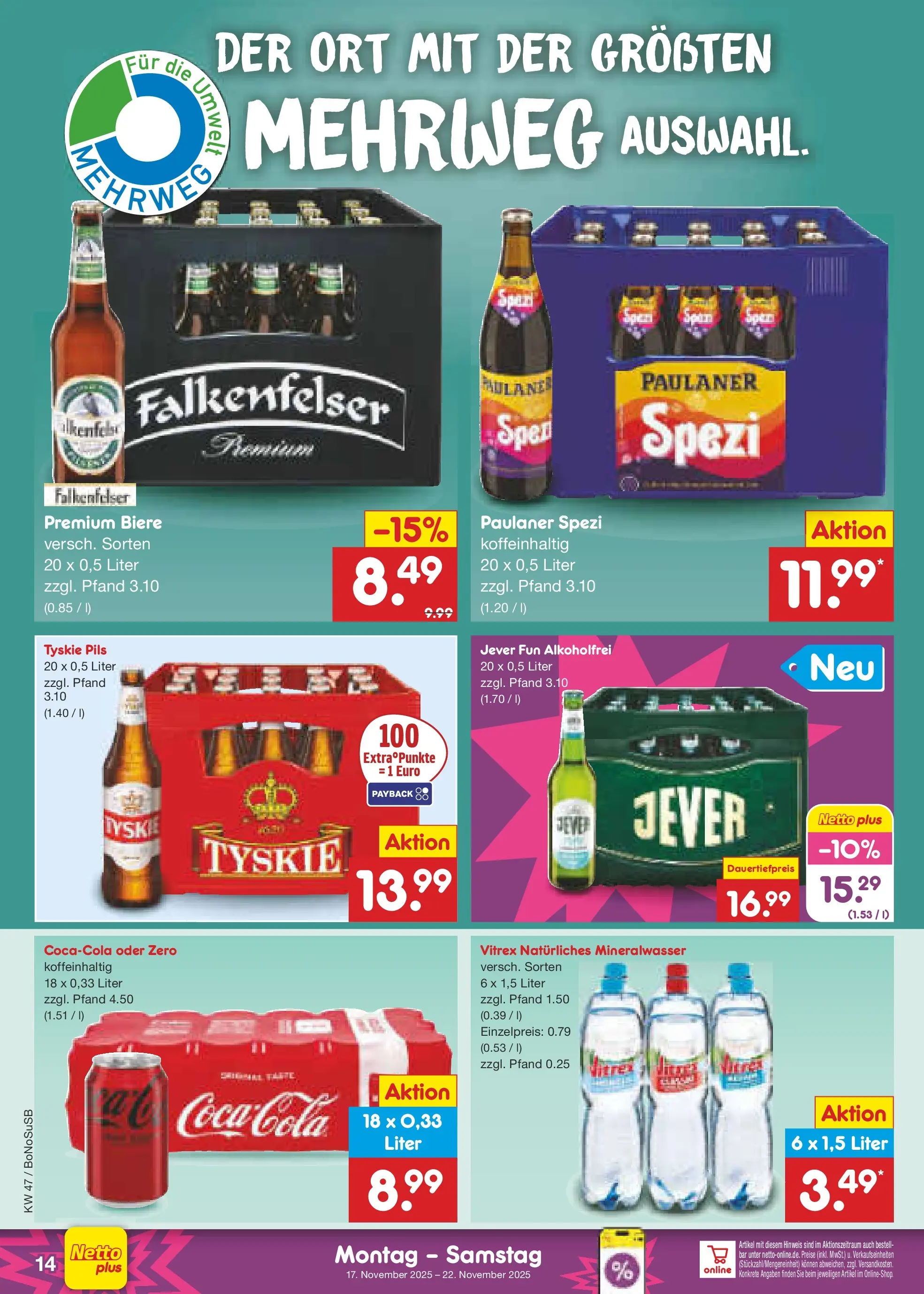 Netto Marken-Discount prospekt Stadtlohn	 (ab 17.11.2025) » Angebote | Seite: 14 | Produkte: Paulaner spezi, Mineralwasser, Jever, Paulaner