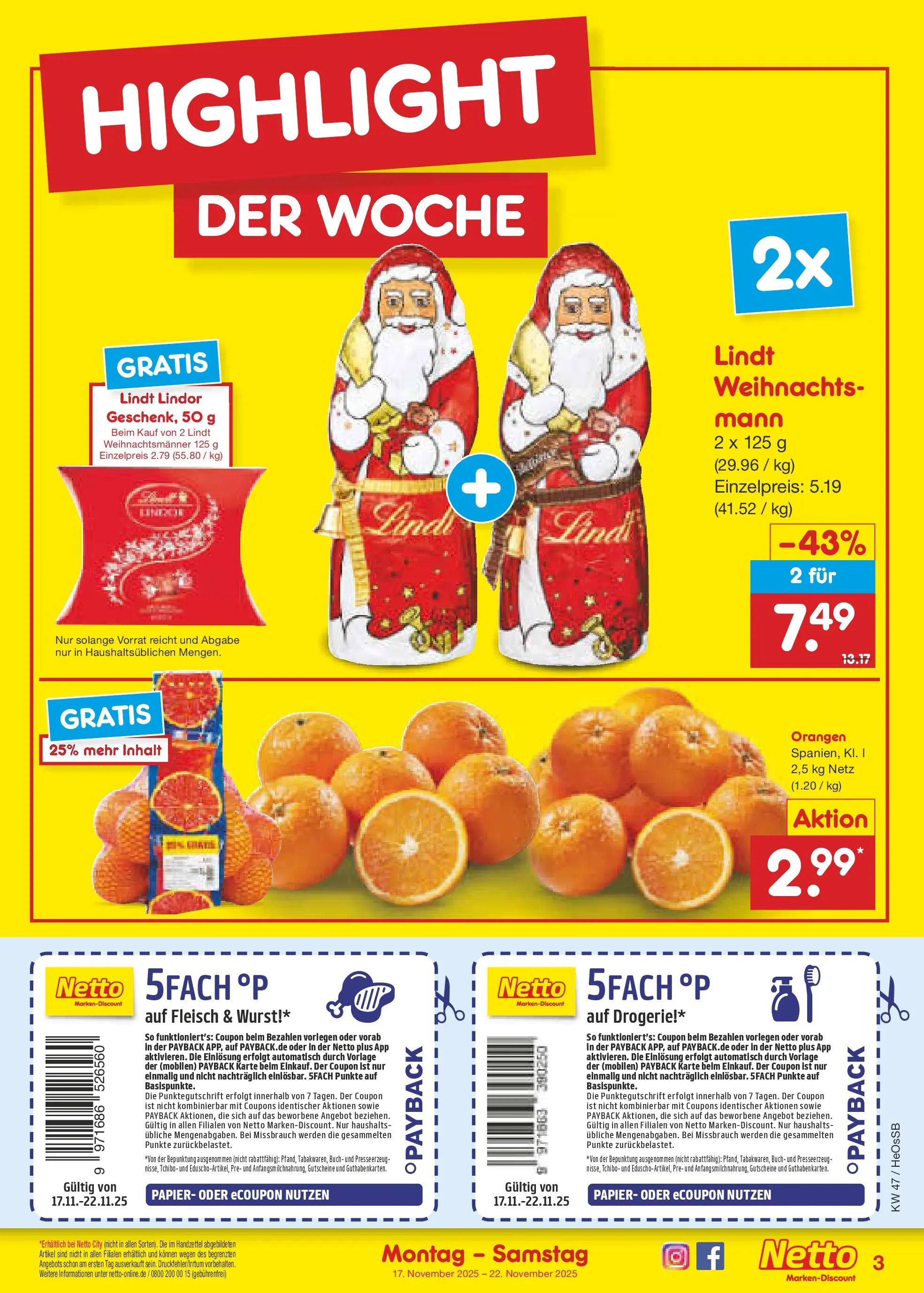 Netto Marken-Discount prospekt Kröpelin	 (ab 17.11.2025) » Angebote | Seite: 3 | Produkte: Orangen, Wurst, Lindt, Fleisch