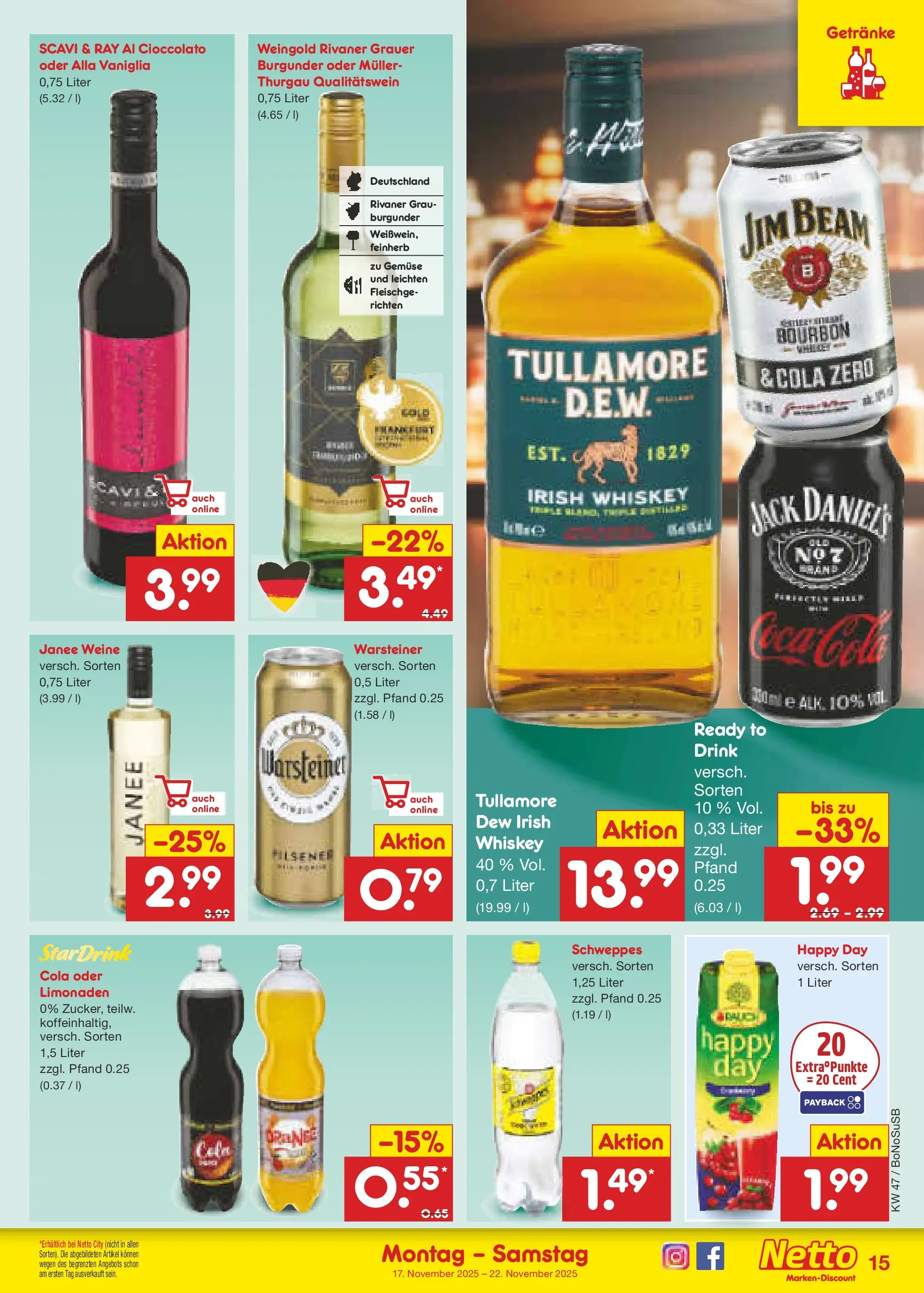 Netto Marken-Discount prospekt Stadtlohn	 (ab 17.11.2025) » Angebote | Seite: 15 | Produkte: Schweppes, Gemüse, Warsteiner, Bourbon