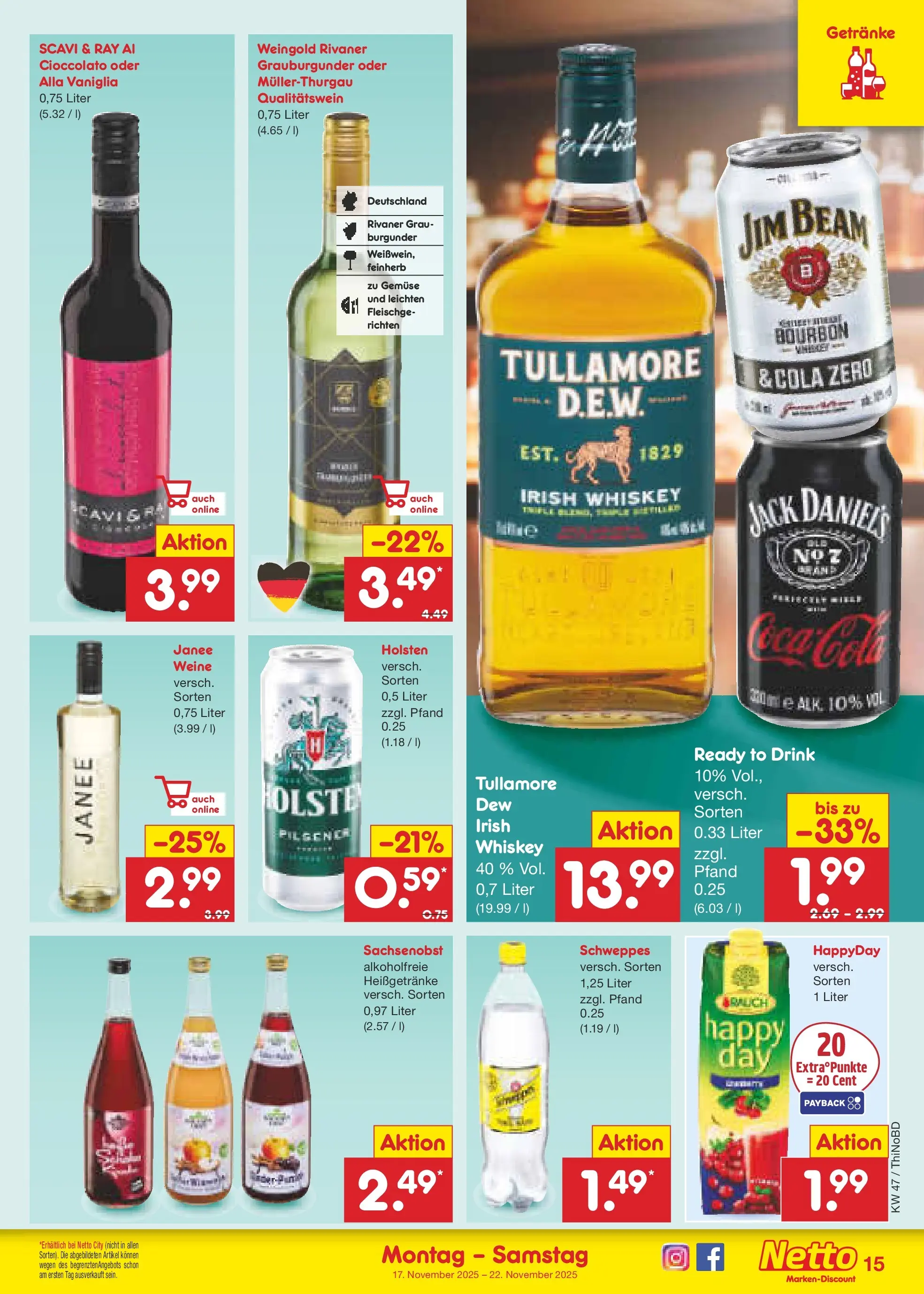 Netto Marken-Discount prospekt Herzberg	 (ab 17.11.2025) » Angebote | Seite: 15 | Produkte: Cola, Holsten, Gemüse, Whiskey
