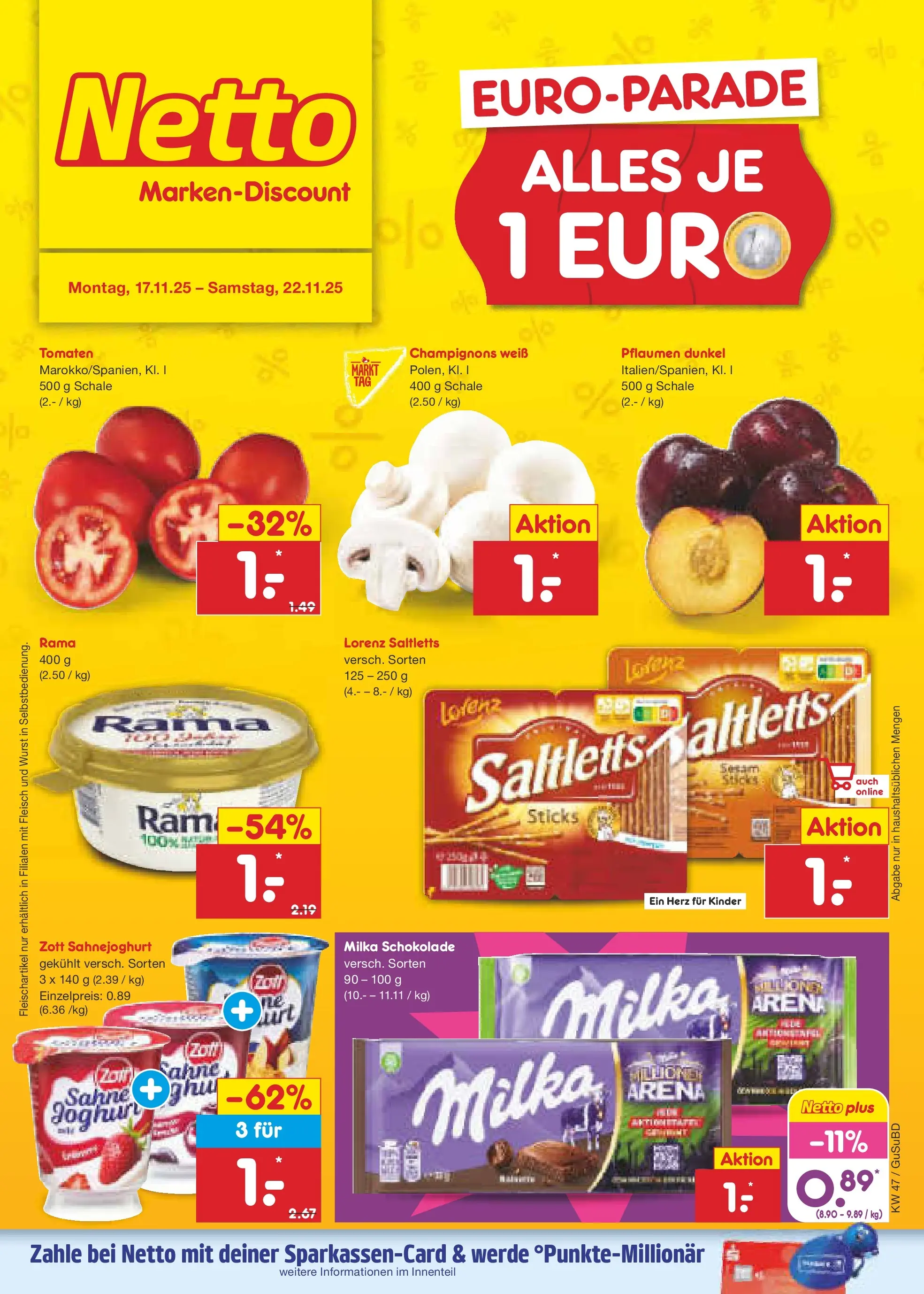 Netto Marken-Discount prospekt Glauchau	 (ab 16.11.2025) » Angebote | Seite: 1 | Produkte: Milka schokolade, Tomaten, Wurst, Fleisch