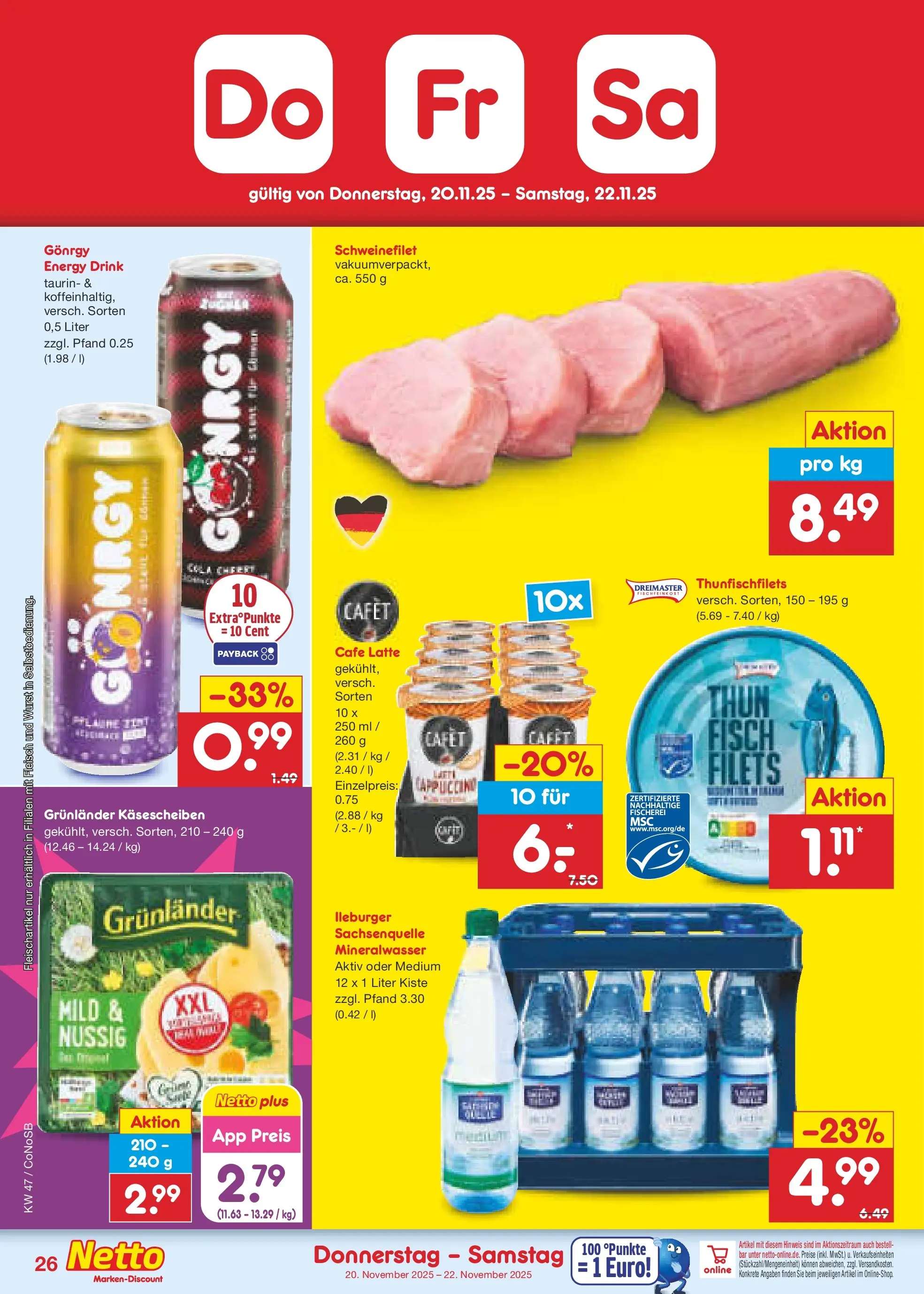 Netto Marken-Discount prospekt Kloster Lehnin (ab 16.11.2025) » Angebote | Seite: 34 | Produkte: Energy, Schweinefilet, Wurst, Fleisch Netto Marken-Discount prospekt Kloster Lehnin (ab 16.11.2025) » Angebote | Seite: 34 | Produkte: Energy, Schweinefilet, Wurst, Fleisch