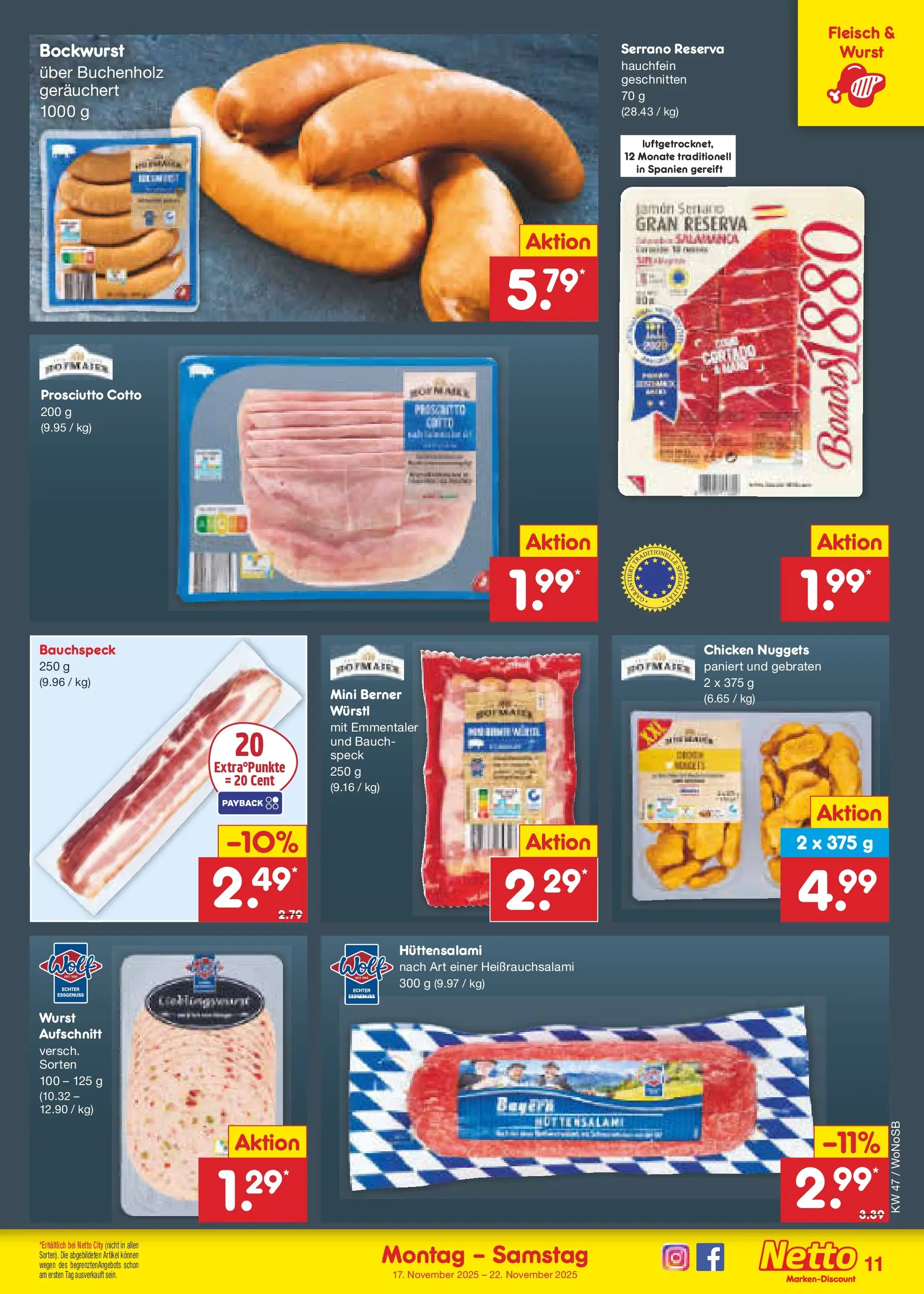 Netto Marken-Discount prospekt Lahnau	 (ab 16.11.2025) » Angebote | Seite: 11 | Produkte: Bockwurst, Würstl, Wurst, Fleisch