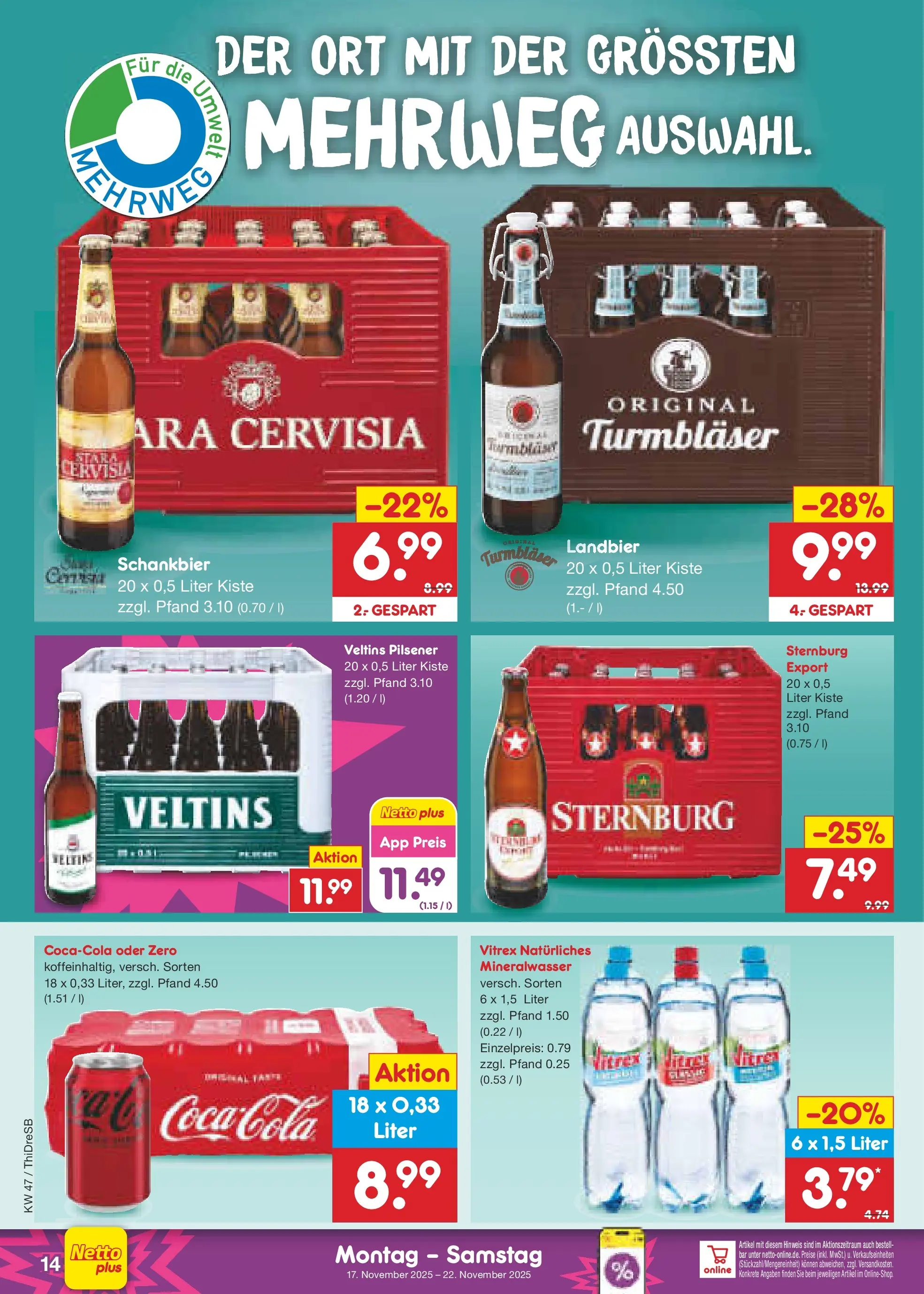 Netto Marken-Discount prospekt Dresden	 (ab 17.11.2025) » Angebote | Seite: 14 | Produkte: Mineralwasser, Veltins