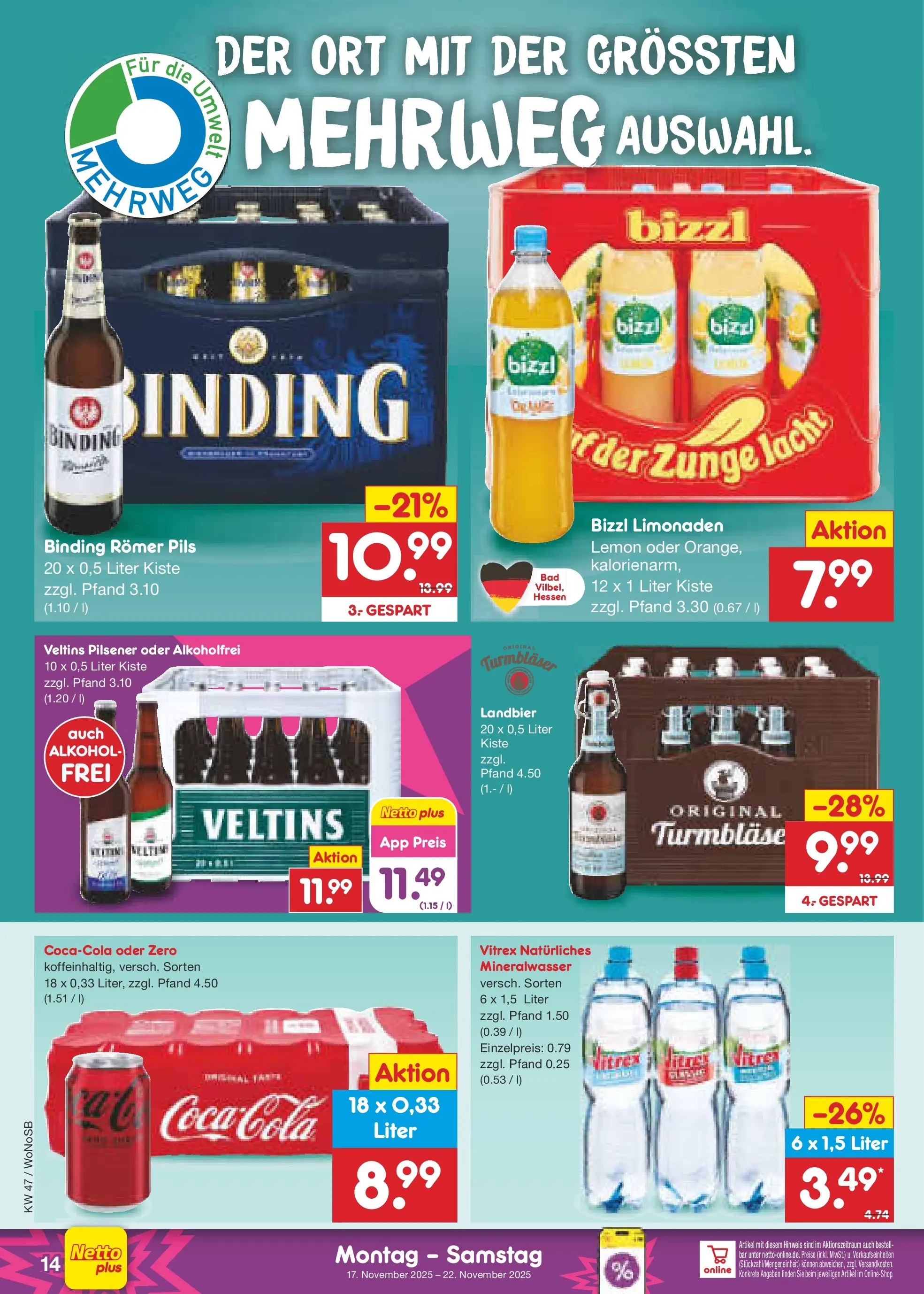 Netto Marken-Discount prospekt Lahnau	 (ab 16.11.2025) » Angebote | Seite: 14 | Produkte: Pils, Mineralwasser, Veltins