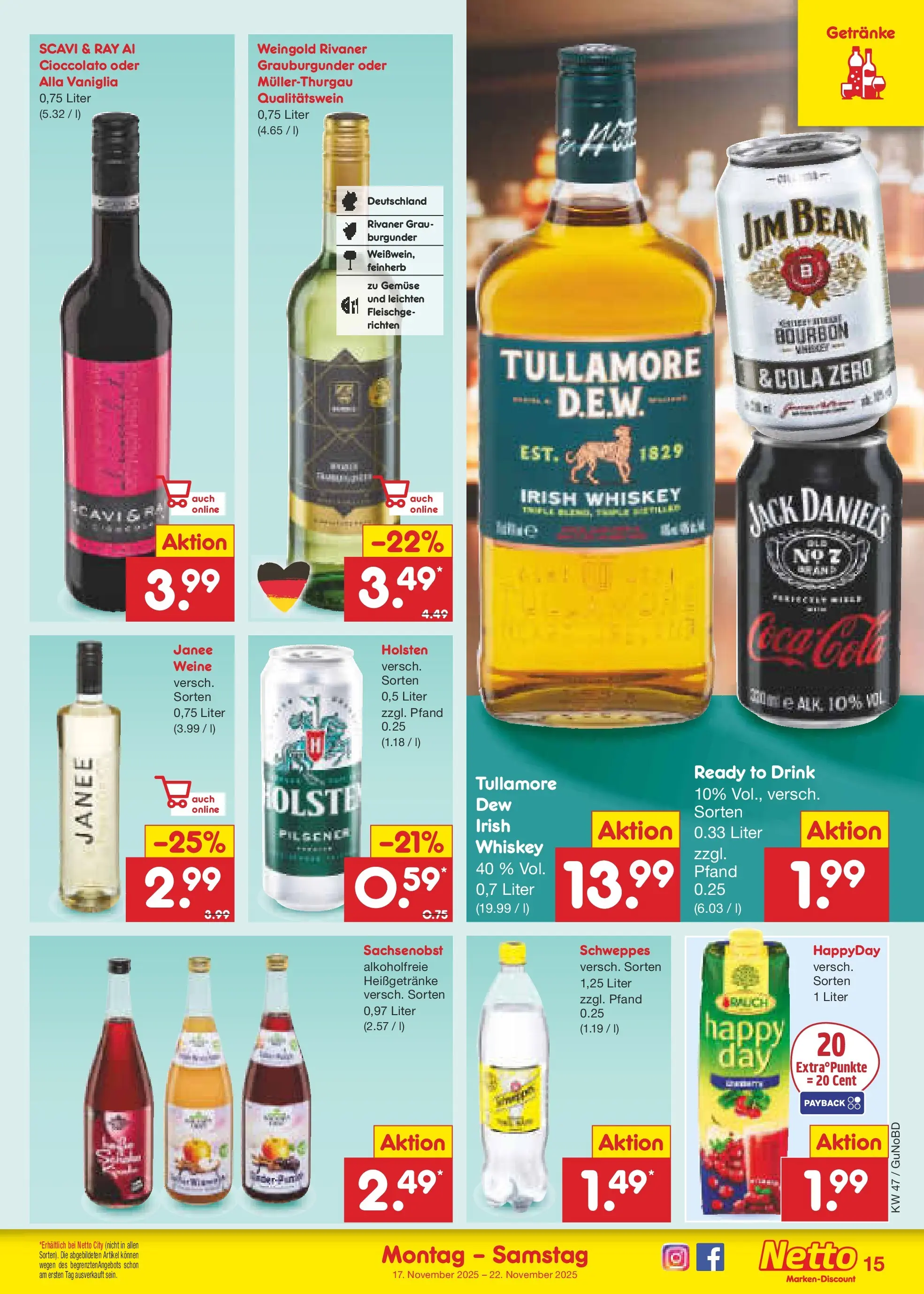 Netto Marken-Discount prospekt Augustusburg	 (ab 16.11.2025) » Angebote | Seite: 15 | Produkte: Jim beam, Jack Daniel's, Holsten, Whiskey