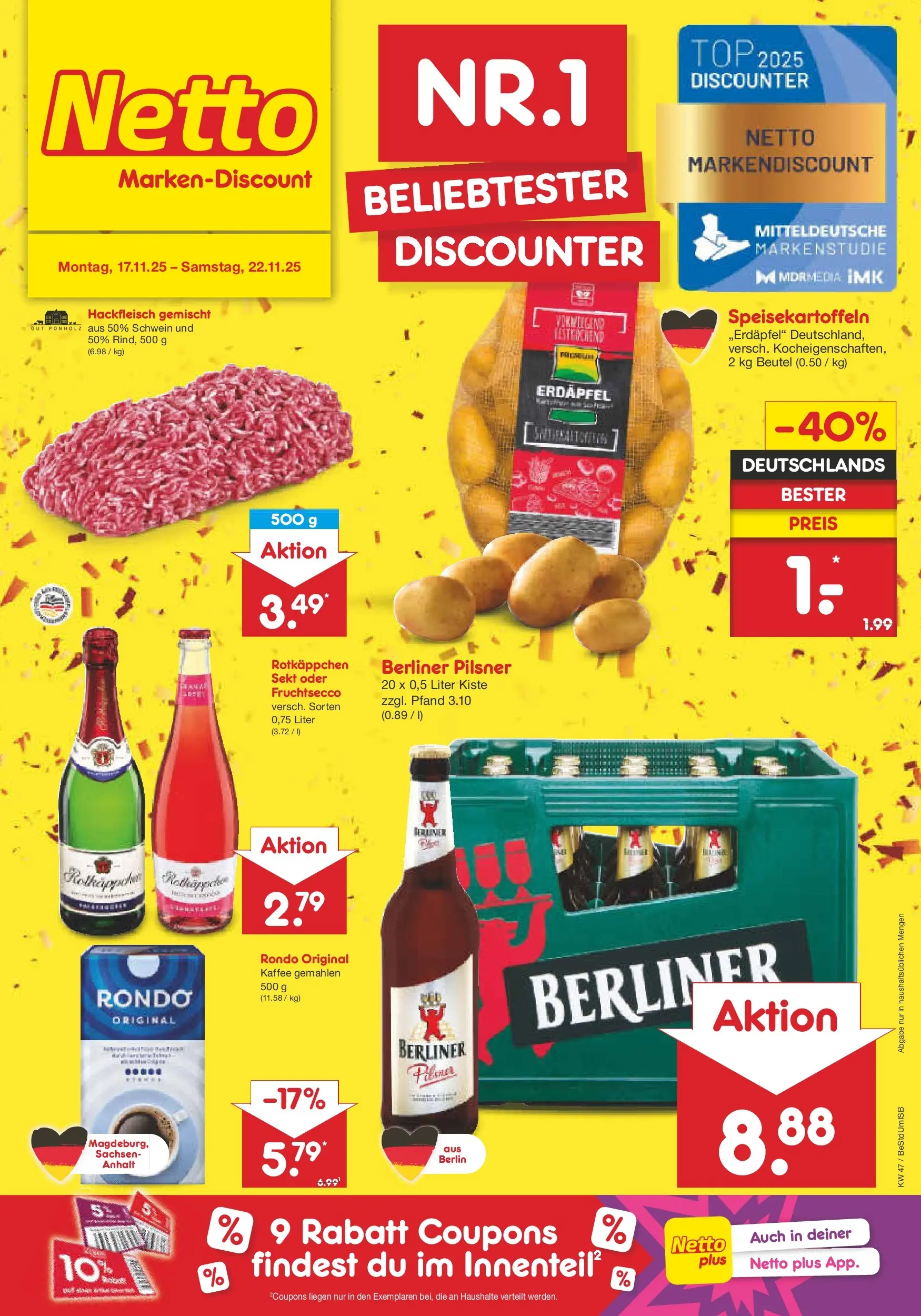 Netto Marken-Discount prospekt Berlin-Spandau	 (ab 16.11.2025) » Angebote | Seite: 45 | Produkte: Fruchtsecco, Rotkäppchen, Hackfleisch, Berliner pilsner