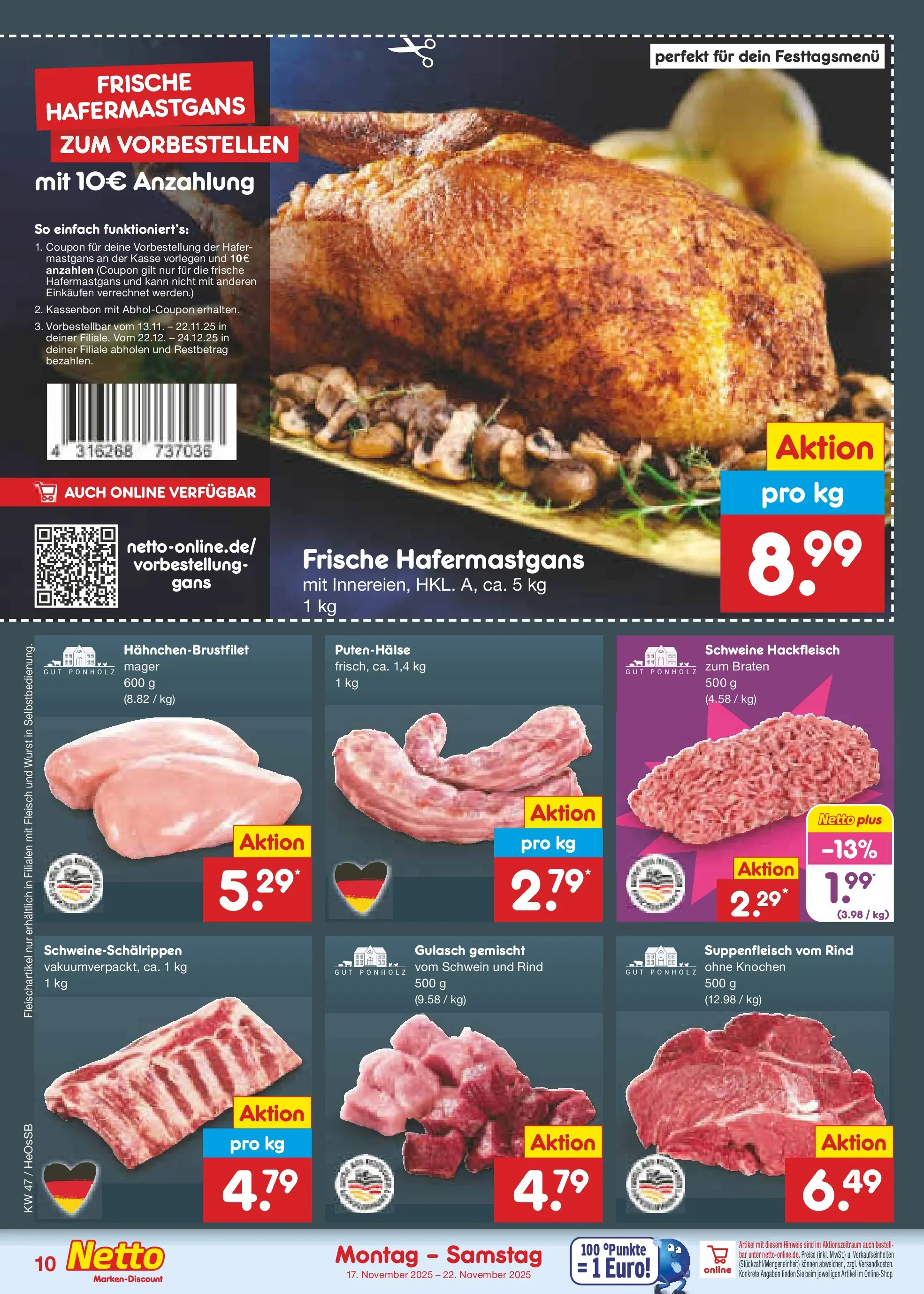 Netto Marken-Discount prospekt Kröpelin	 (ab 17.11.2025) » Angebote | Seite: 10 | Produkte: Suppenfleisch, Wurst, Fleisch, Hackfleisch
